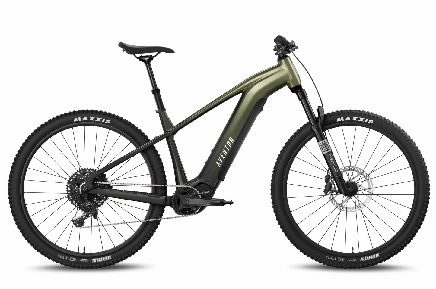 Aventon Ramblas ADV green and black electric mountain bike by Aventon, featuring a mid-drive motor, central battery, front suspension, and Maxxis tires, displayed in profile on a white background.