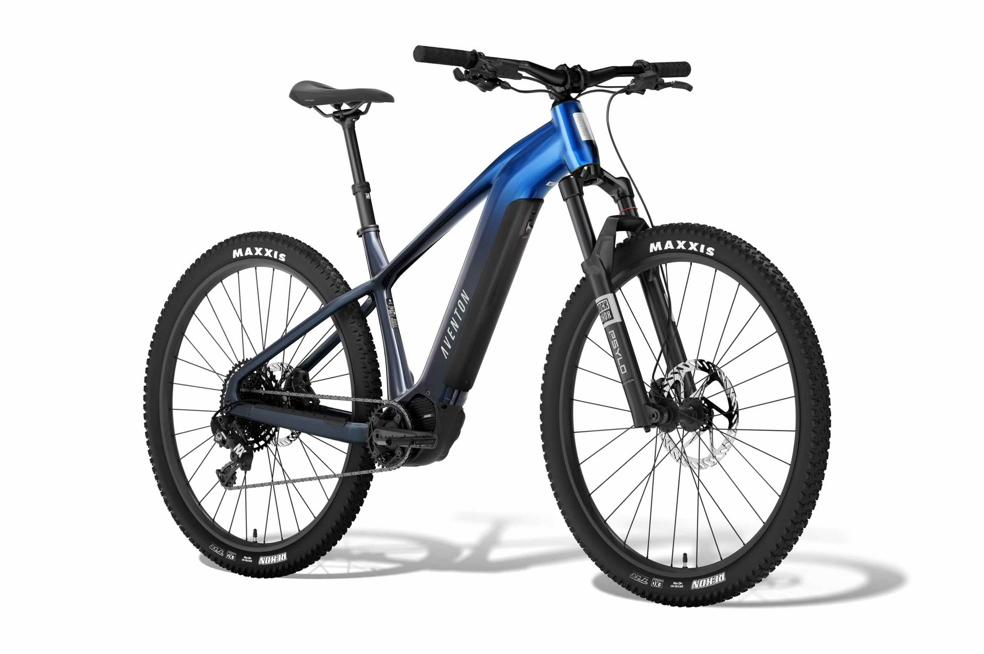 The Aventon Ramblas ADV by Aventon is a blue and black electric mountain bike with a mid-drive motor, Maxxis tires, front suspension, and an integrated frame battery, displayed against a white background.