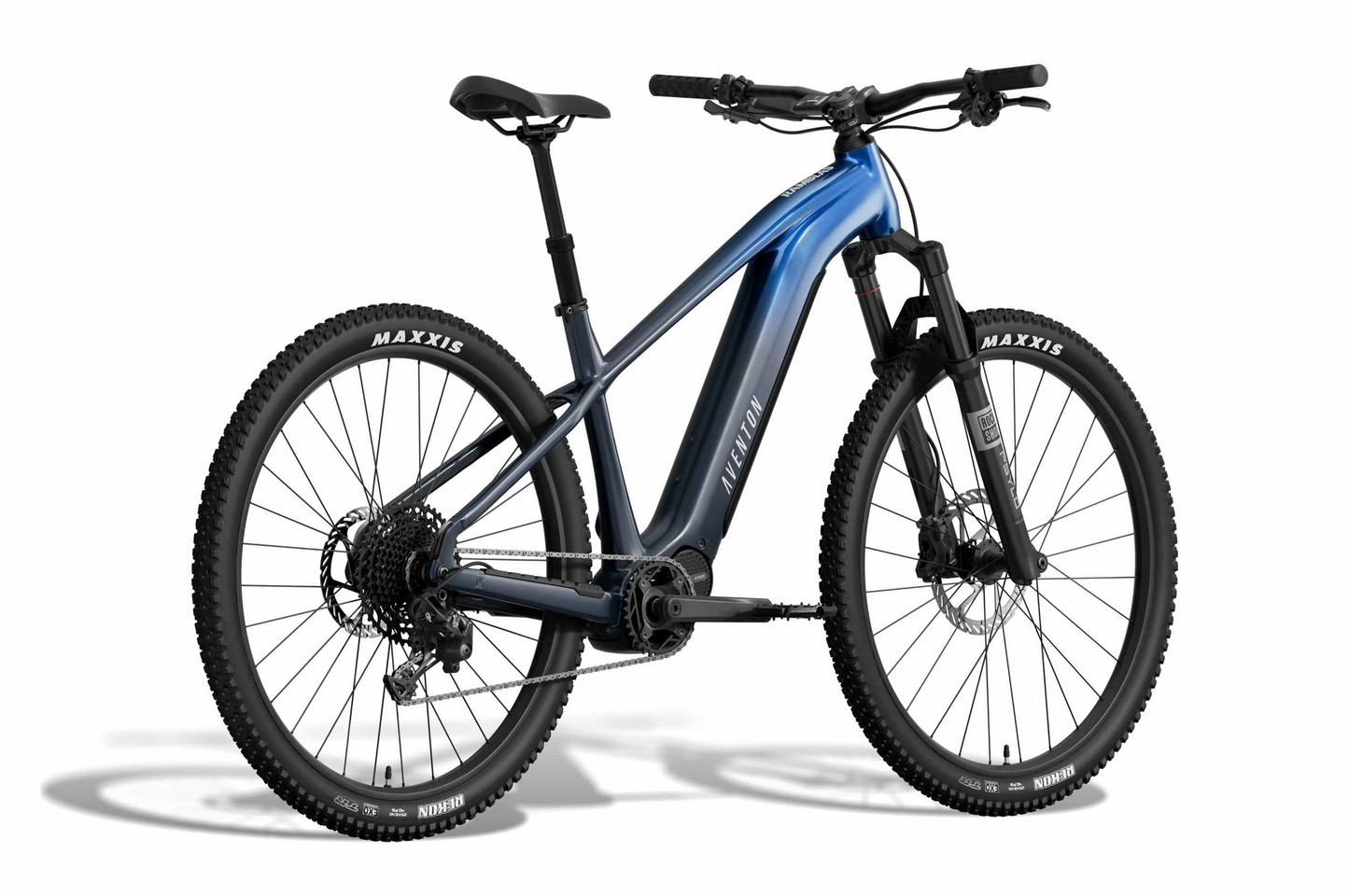 The Aventon Ramblas ADV, a blue and black electric mountain bike from Aventon, features a mid-drive motor, front suspension, disc brakes, and knobby Maxxis tires. Shown against a white background.