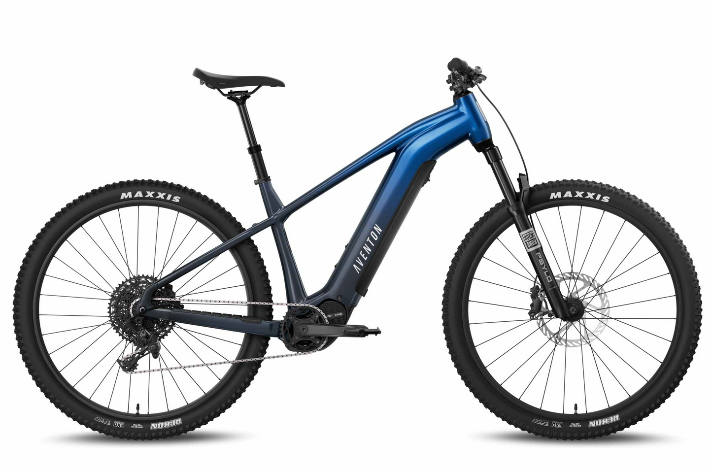 The Aventon Ramblas ADV by Aventon is a blue electric mountain bike featuring a sturdy frame, mid-drive motor, front suspension, flat handlebars, and Maxxis tires, displayed in side profile on a white background.