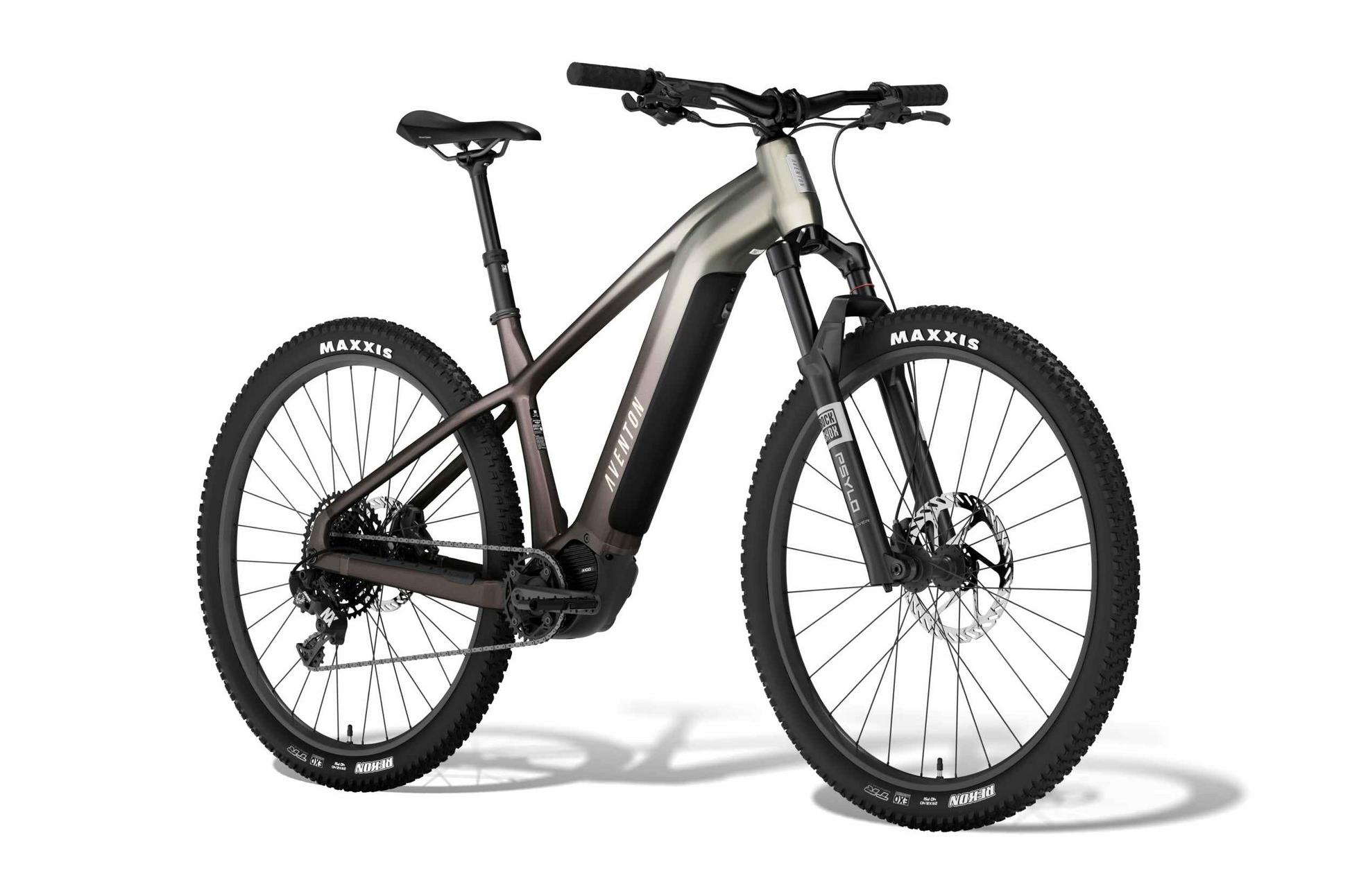 The Aventon Ramblas ADV by Aventon is a matte black electric mountain bike with a mid-drive motor, front suspension, disc brakes, and Maxxis tires, displayed on a crisp white background.