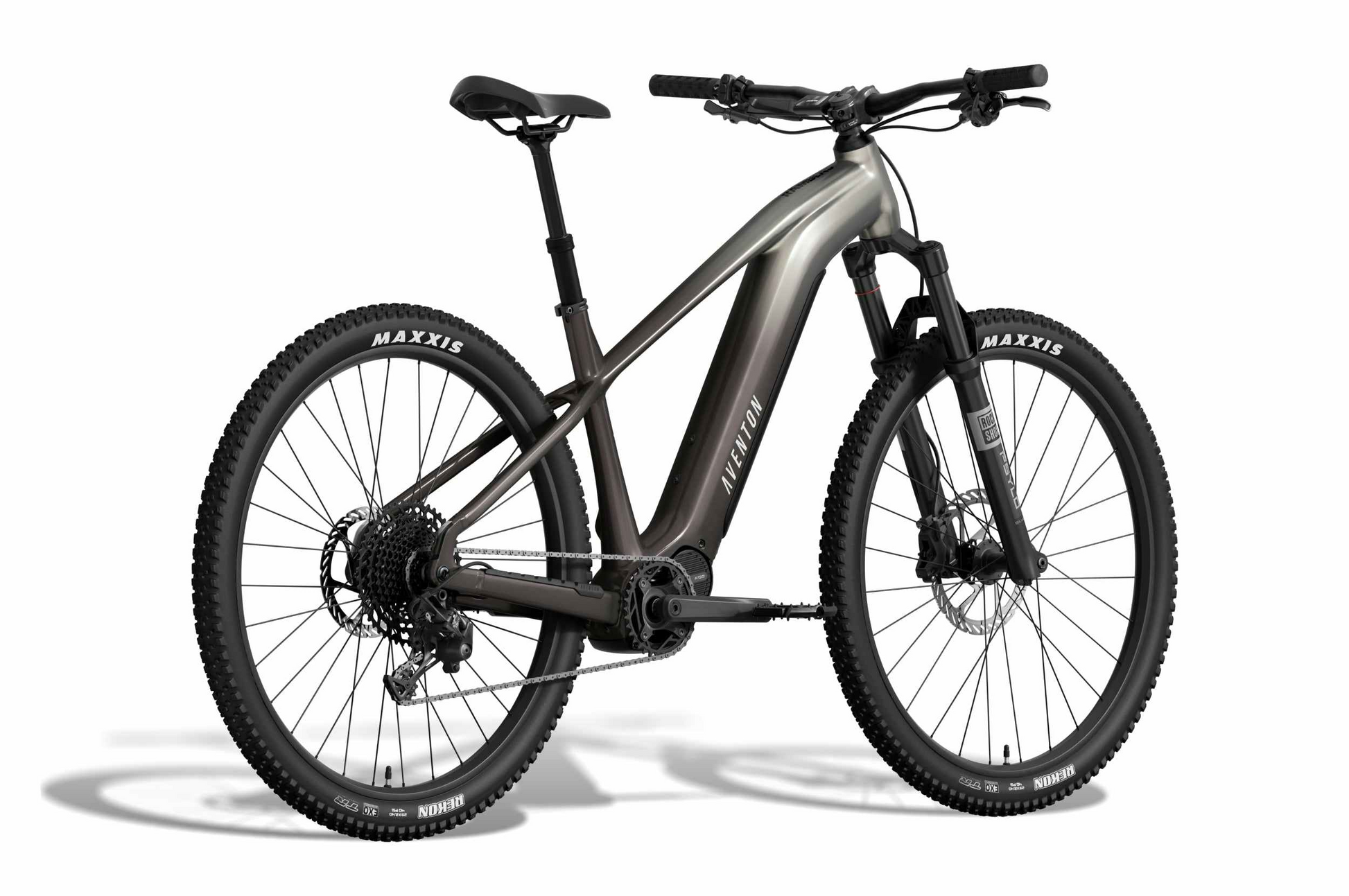 The Aventon Ramblas ADV by Aventon is a matte black electric mountain bike with thick tires, front suspension, disc brakes, and a powerful mid-drive motor, shown against a white background.