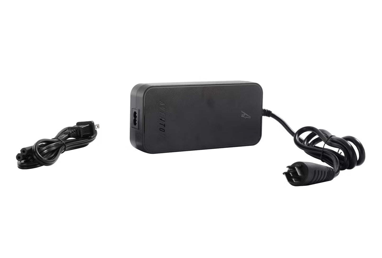 The Aventon Charger - Ramblas, a black replacement charger with detachable cords, features a USA plug and device connector. Shown on a white background, it's ideal for your Aventon ebike.