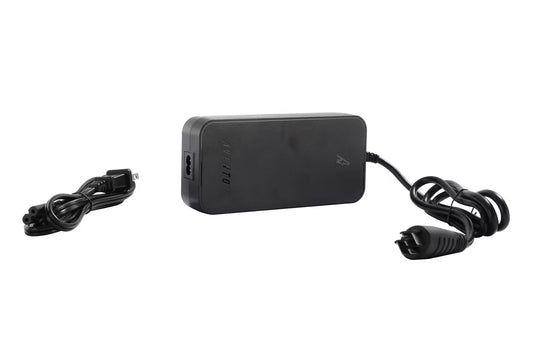 The Aventon Charger - Ramblas, a black replacement charger with detachable cords, features a USA plug and device connector. Shown on a white background, it's ideal for your Aventon ebike.