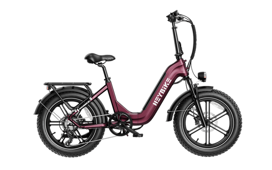 HeyBike- Ranger S electric bicycle with a burgundy frame and thick tires, featuring a 750W motor and a rear rack, displayed on a white background.