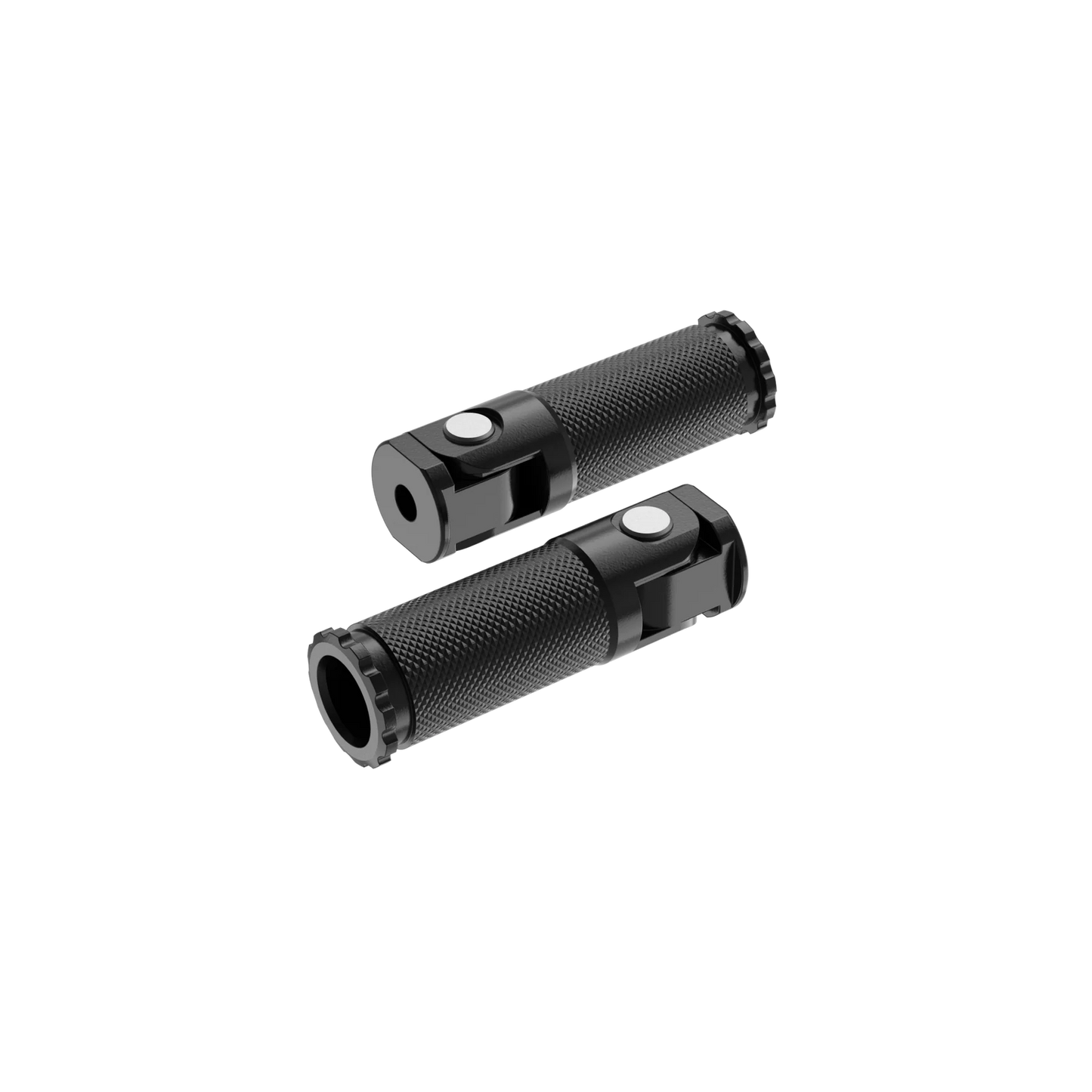 Two black flashlight handles with textured grips and a small white button on each are positioned against a black background. They are reminiscent of the durable 6061 Aluminum Alloy used in making Velotric Rear Pegs - Velotric Go / Fold, offering both strength and reliability.