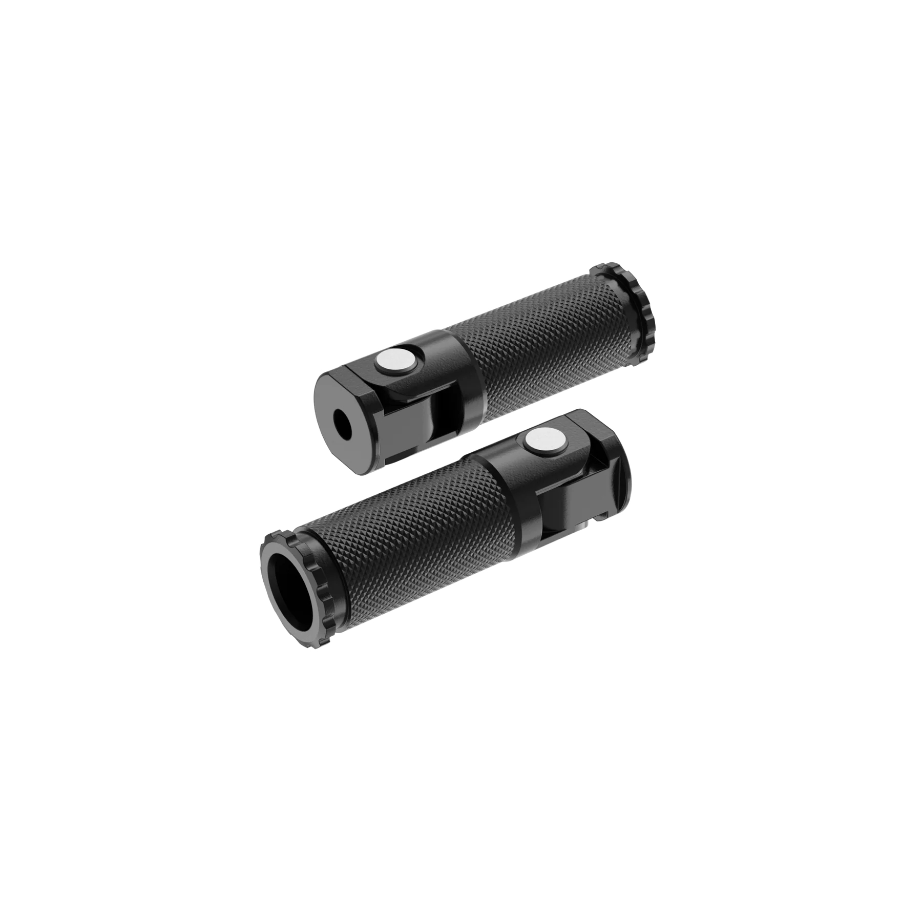 Two black flashlight handles with textured grips and a small white button on each are positioned against a black background. They are reminiscent of the durable 6061 Aluminum Alloy used in making Velotric Rear Pegs - Velotric Go / Fold, offering both strength and reliability.