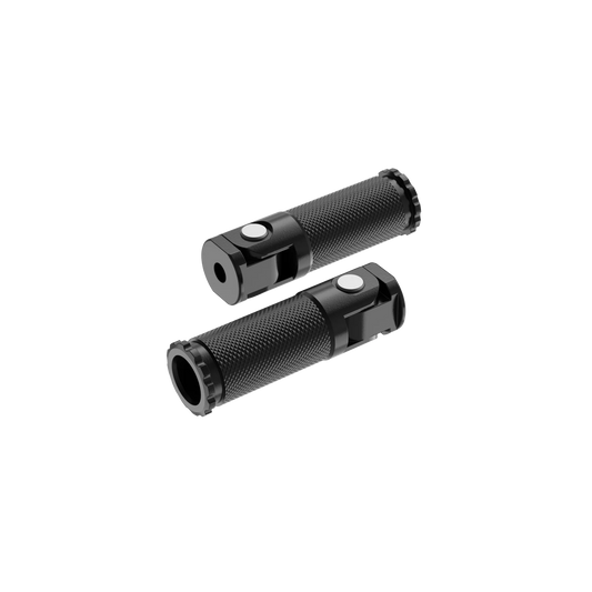 Two black flashlight handles with textured grips and a small white button on each are positioned against a black background. They are reminiscent of the durable 6061 Aluminum Alloy used in making Velotric Rear Pegs - Velotric Go / Fold, offering both strength and reliability.