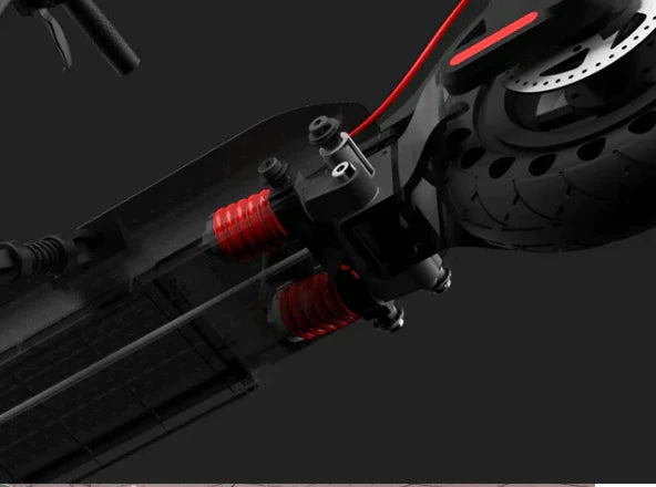 Close-up view of the Hiboy - S2 Pro Electric Scooter's high-performance motor, suspension, and wheel assembly set against a dark background.