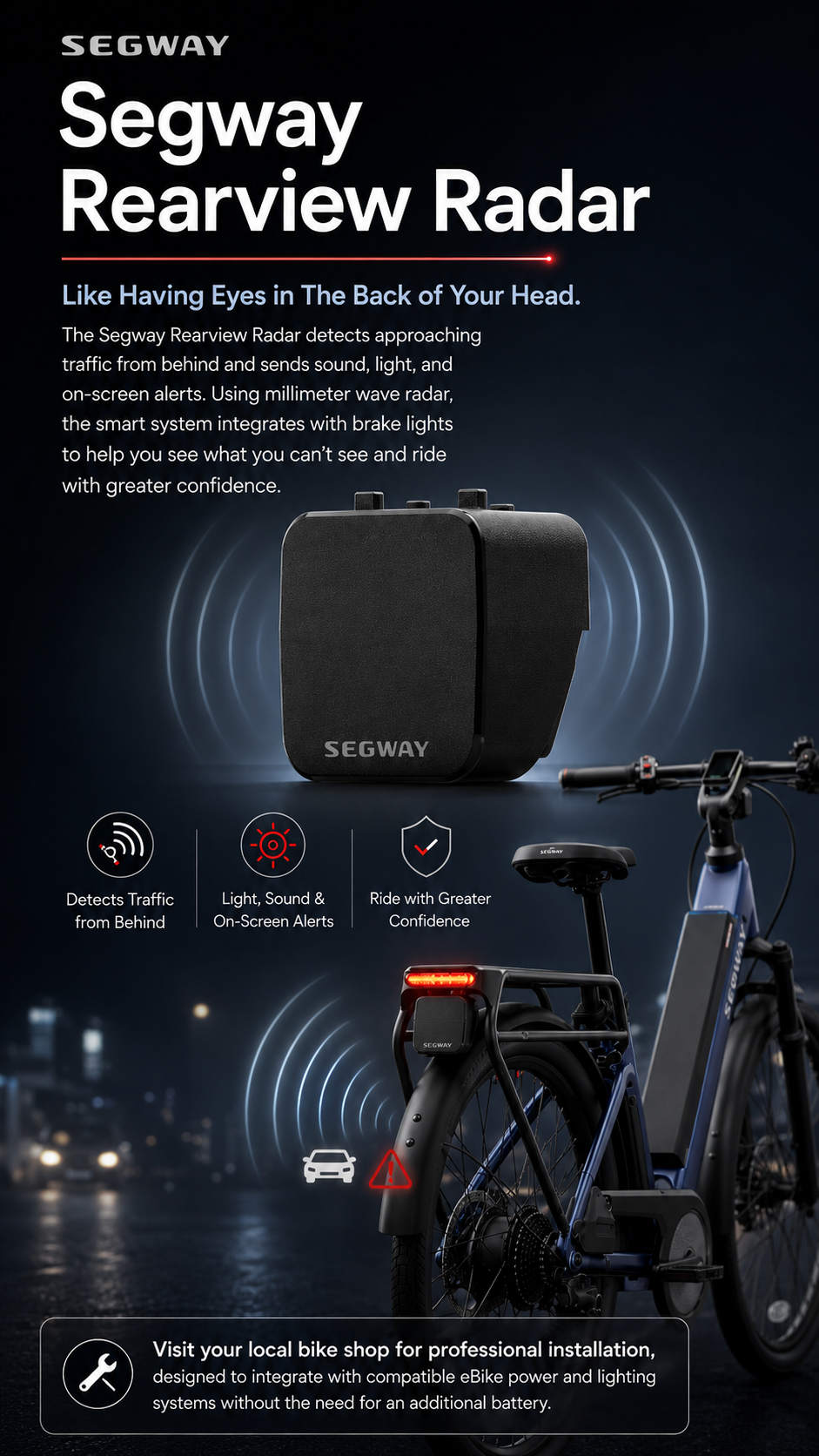 A Segway-rearview radar is mounted on the Segway Myon, an electric commuter bike, displaying illustrated signals that highlight its advanced traffic detection and alert features.