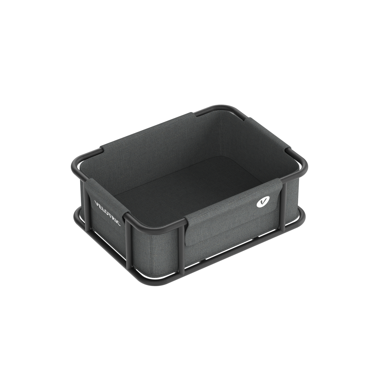 A rectangular, dark gray fabric storage box with a hollow base and reinforced corners. Featuring a large volume, it includes a small label attached to one side and boasts a waterproof lining for added durability. The product is Rear Basket 2.0 - M by Velotric.