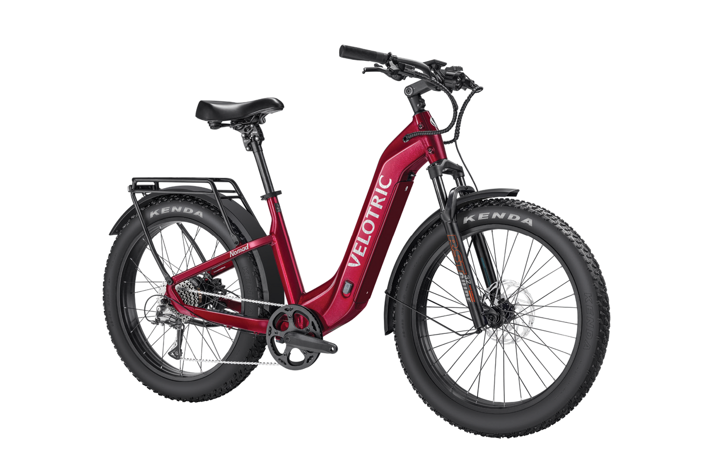 The Velotric Nomad 2 is an adventurous eBike in red, featuring thick tires, a step-through frame, rear rack, front suspension, and bold "Velotric" branding. It's designed for versatility and excitement on any terrain.