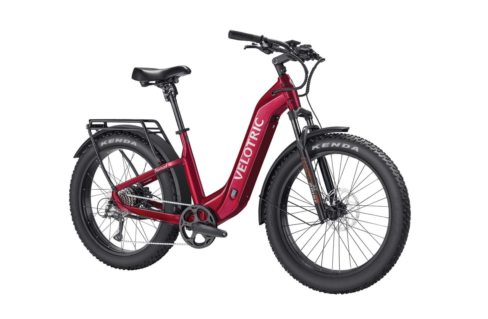 The Velotric Nomad 2 is an adventurous eBike in red, featuring thick tires, a step-through frame, rear rack, front suspension, and bold "Velotric" branding. It's designed for versatility and excitement on any terrain.