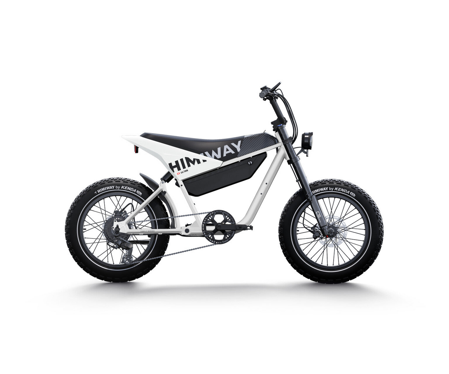 Side view of a white and black electric bike with thick tires, a battery compartment, and "Himiway" branding on the frame, featuring an advanced torque sensor for precise control. The Himiway - C5 electric motorcycle boasts an extended range for longer rides.