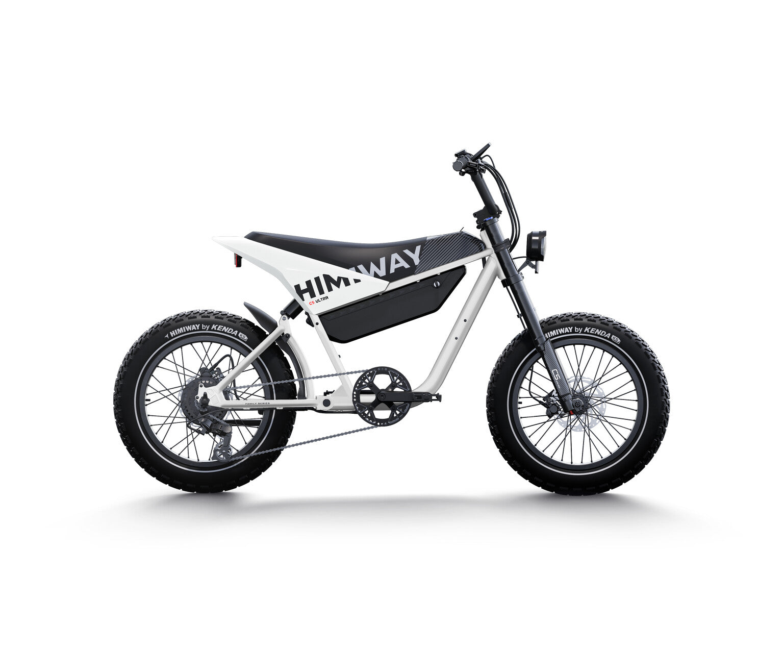 Side view of a white and black electric bike with thick tires, a battery compartment, and "Himiway" branding on the frame, featuring an advanced torque sensor for precise control. The Himiway - C5 electric motorcycle boasts an extended range for longer rides.