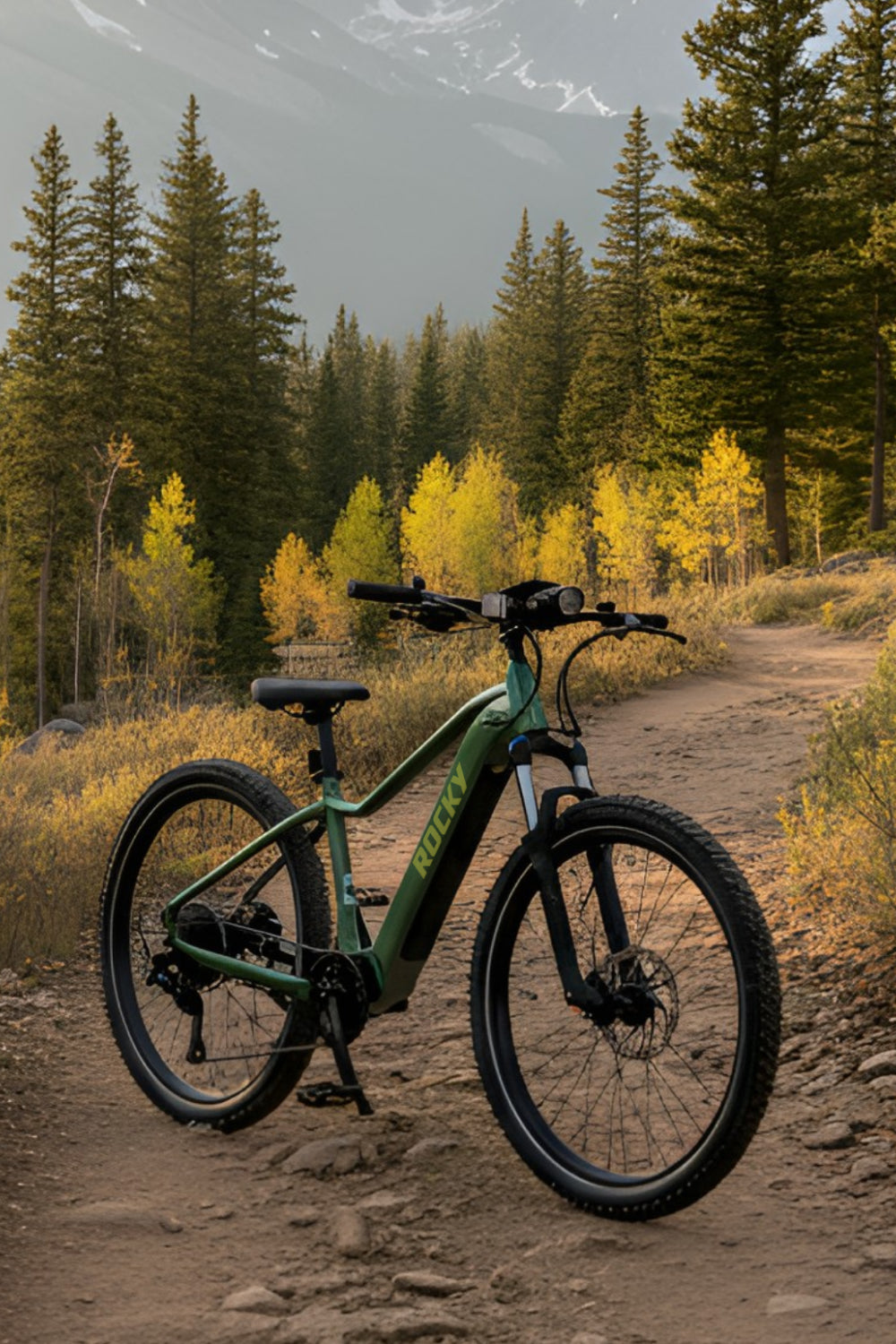 The AIMA - Rocky eMTB stands on a dirt path amid tall trees and greenery, with mountains in the background.