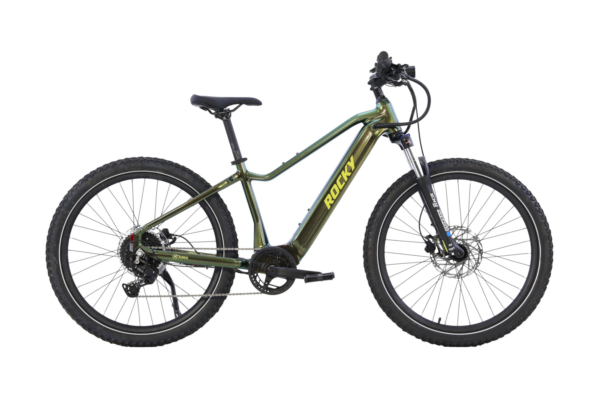 Side view of a green AIMA - Rocky electric mountain bike featuring front suspension, disc brakes, and the AIMA logo on the frame, designed for trail-ready performance.