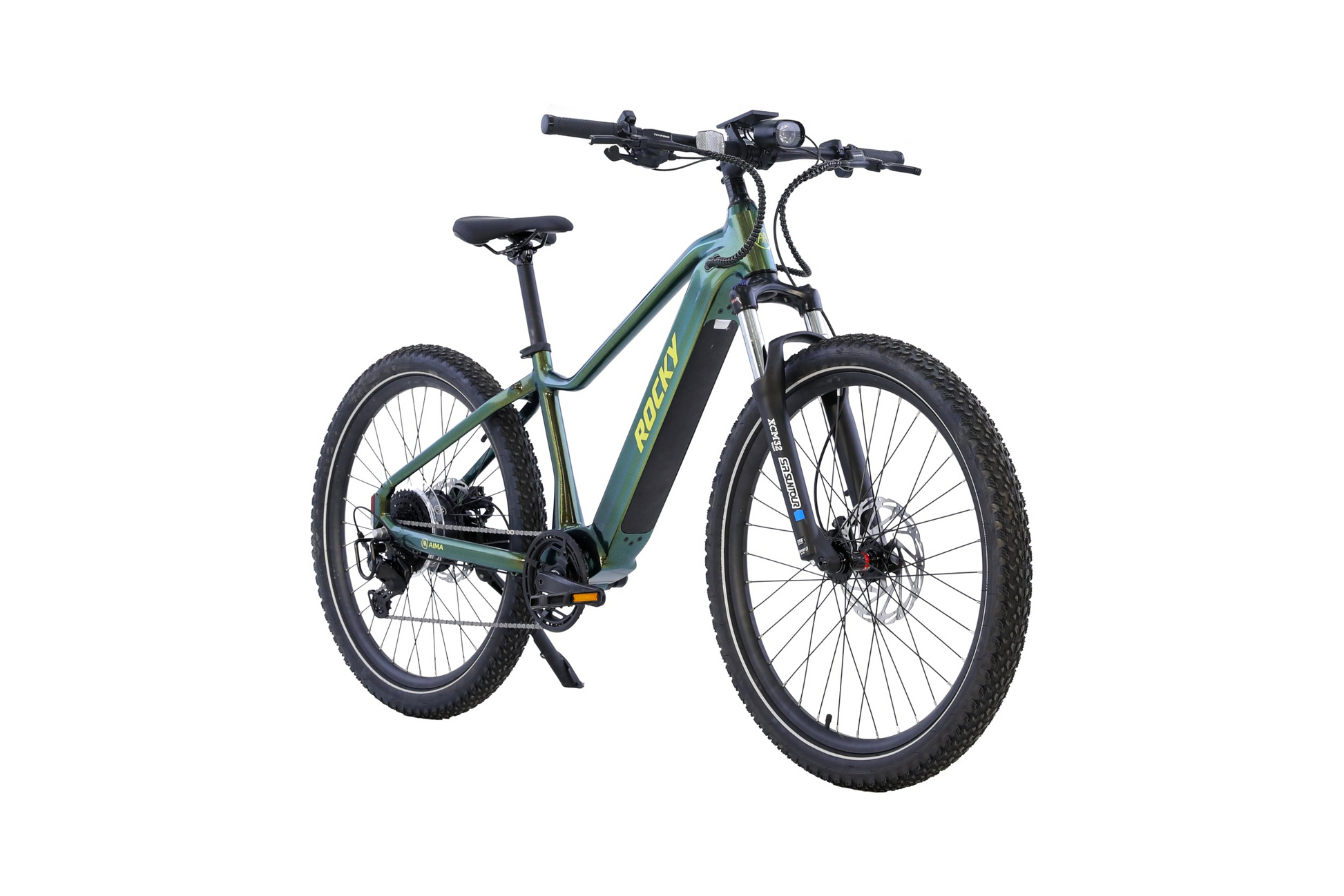The AIMA Rocky, a green and black electric mountain bike with thick tires, front suspension fork, and disc brakes from AIMA, offers trail-ready performance—shown on a white background.
