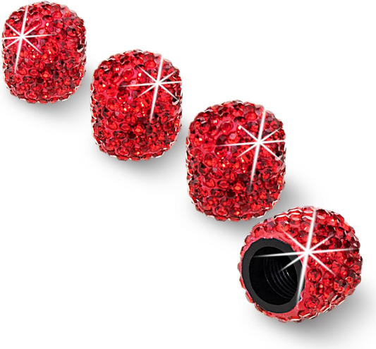 EPWR Valve Gems - Ruby: Four red valve caps with sparkling Swarovski crystals are displayed, one showing its threaded interior—stylish bike accessories.