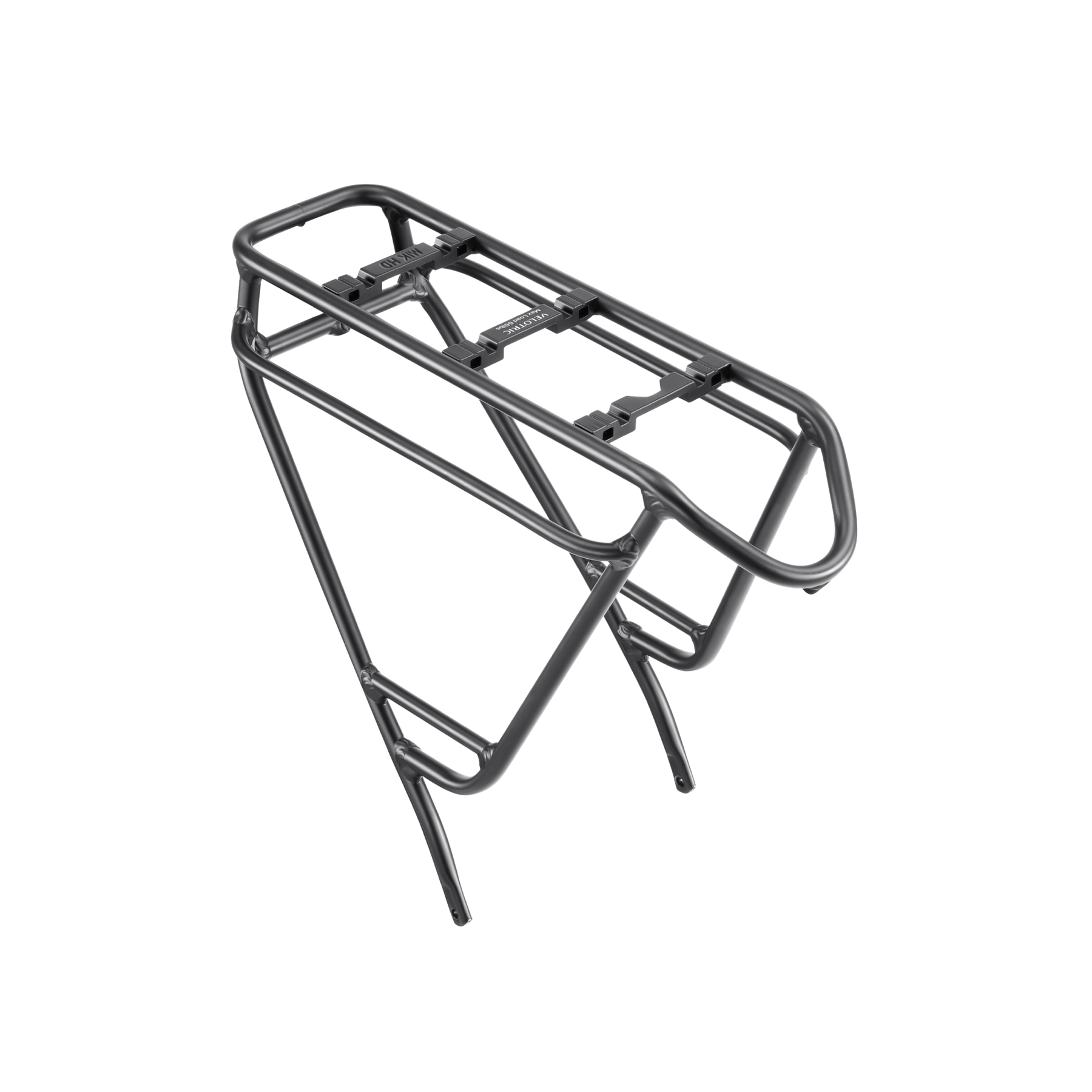 A black metal rear rack for a motorcycle, shown isolated on a dark background. Rear Rack - Velotric - Summit 1.