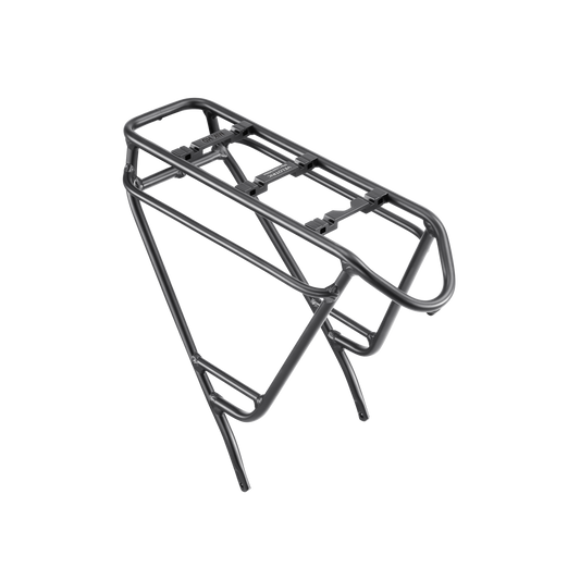 A black metal rear rack for a motorcycle, shown isolated on a dark background. Rear Rack - Velotric - Summit 1.