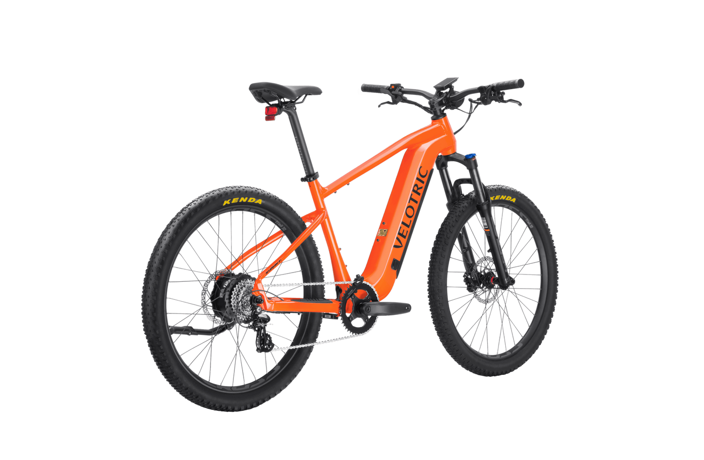 Orange Velotric Summit 1 electric mountain bike with pedal assist and black accents, shown on a black background.