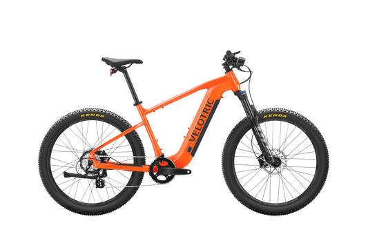An orange Velotric Summit 1 electric mountain bike with black details and kenda tires, displayed against a black background.