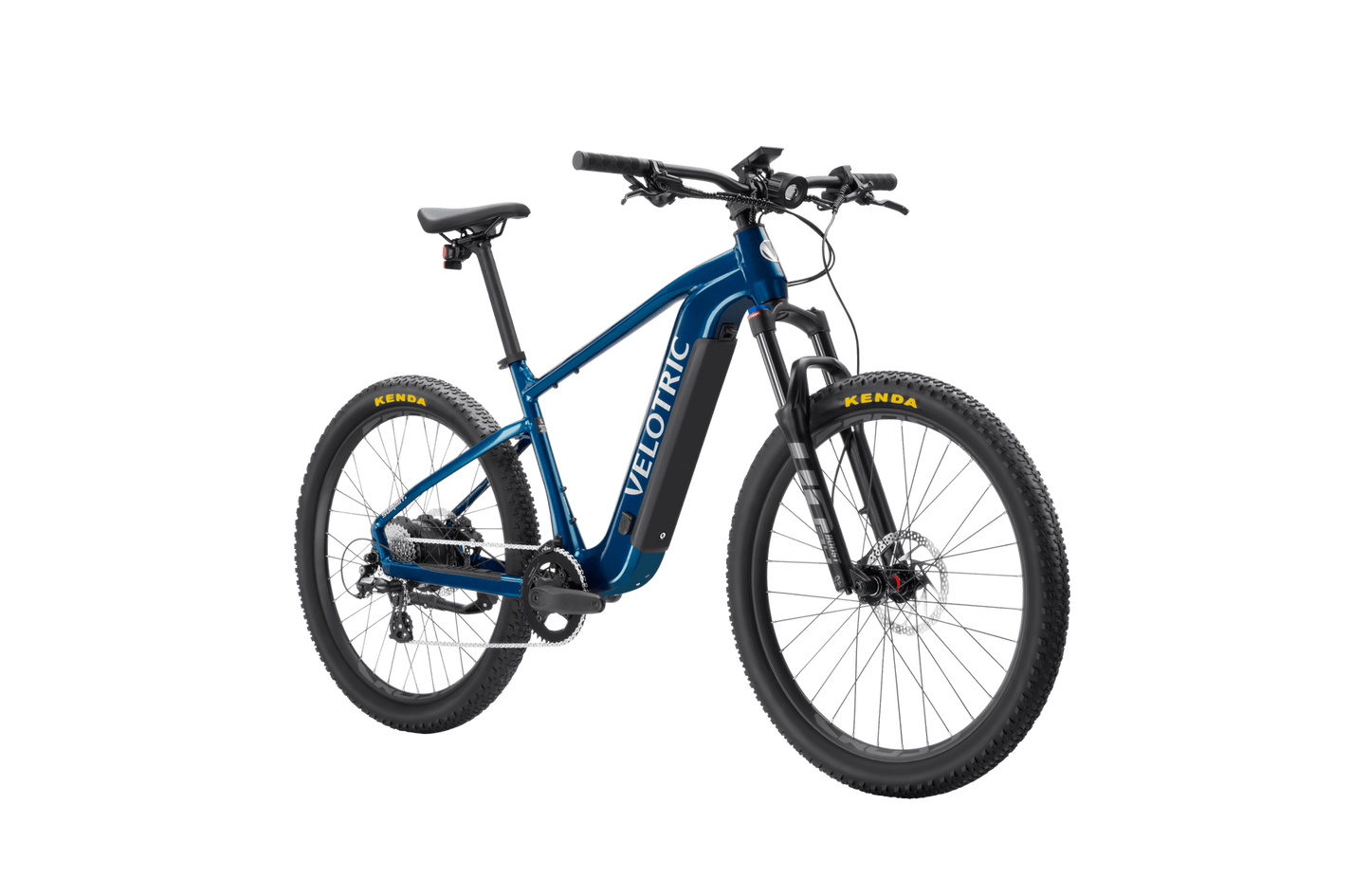 Velotric - Summit 1 electric mountain eBike in blue and black, featuring a thick frame, front suspension, pedal assist, and prominently displayed Velotric logos on a black background.