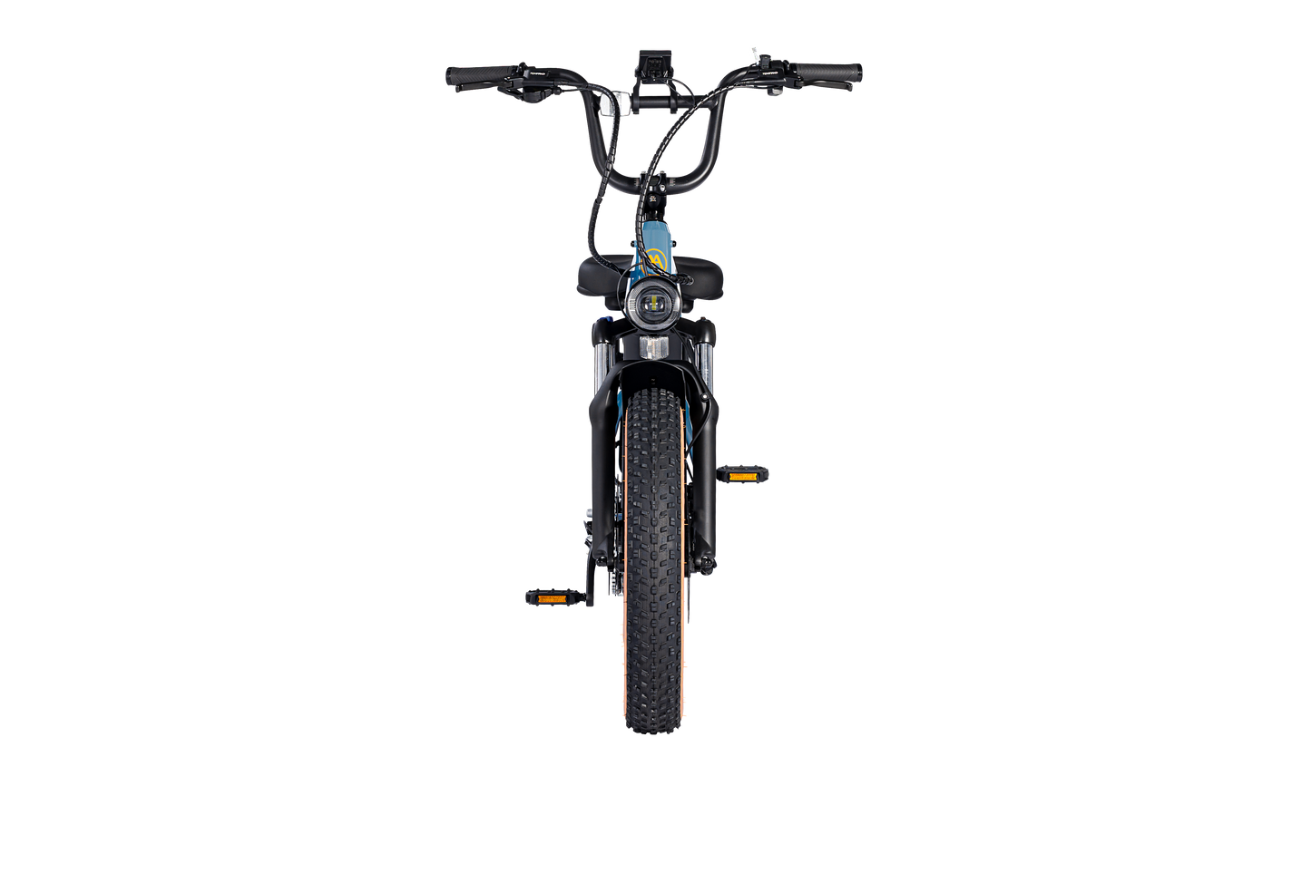 Front view of a black AIMA - Big Sur Sport electric bicycle with a large headlight, wide handlebars, and fat tires, boasting a class 2/3 rating.