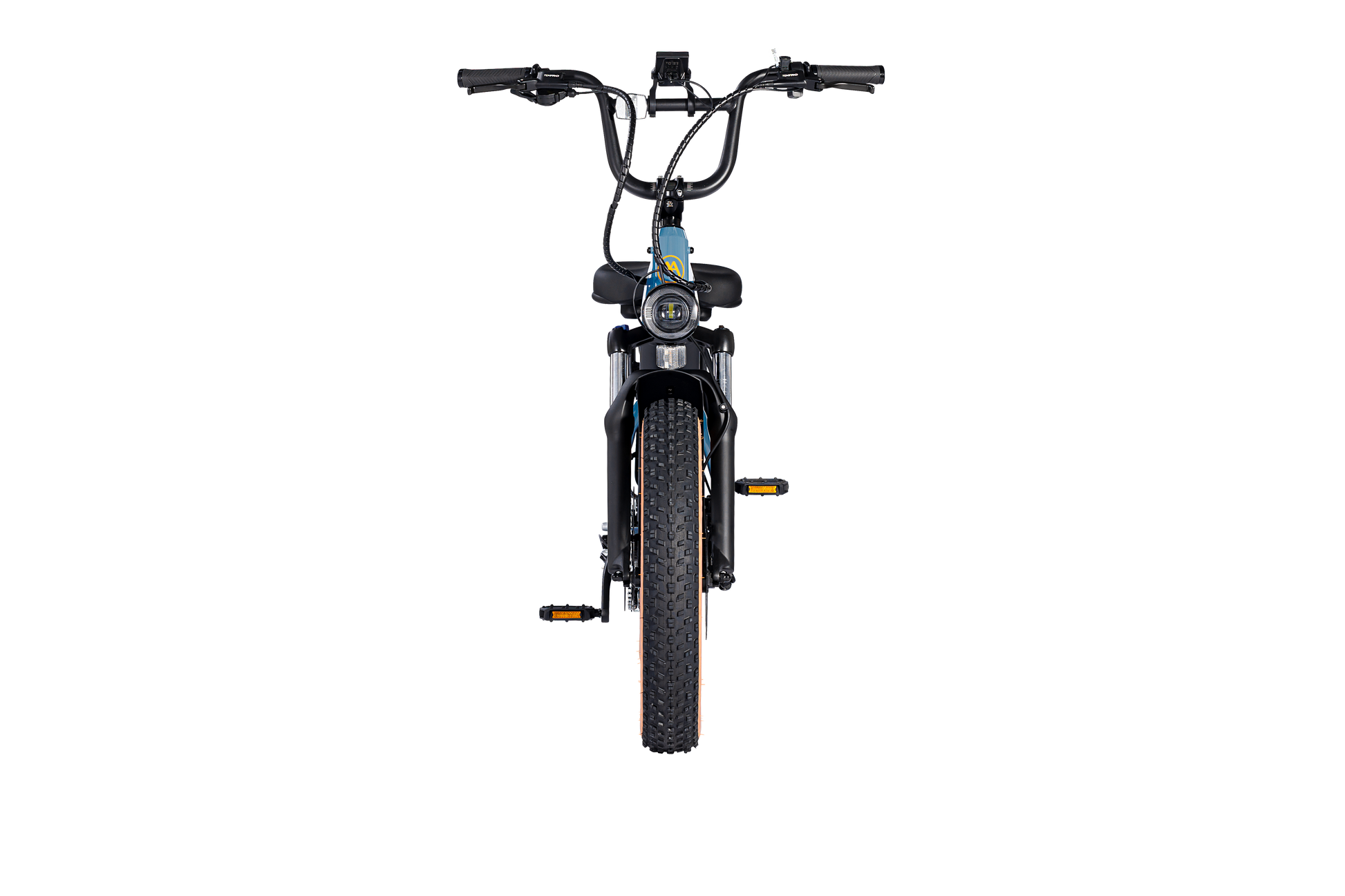 Front view of a black AIMA - Big Sur Sport electric bicycle with a large headlight, wide handlebars, and fat tires, boasting a class 2/3 rating.