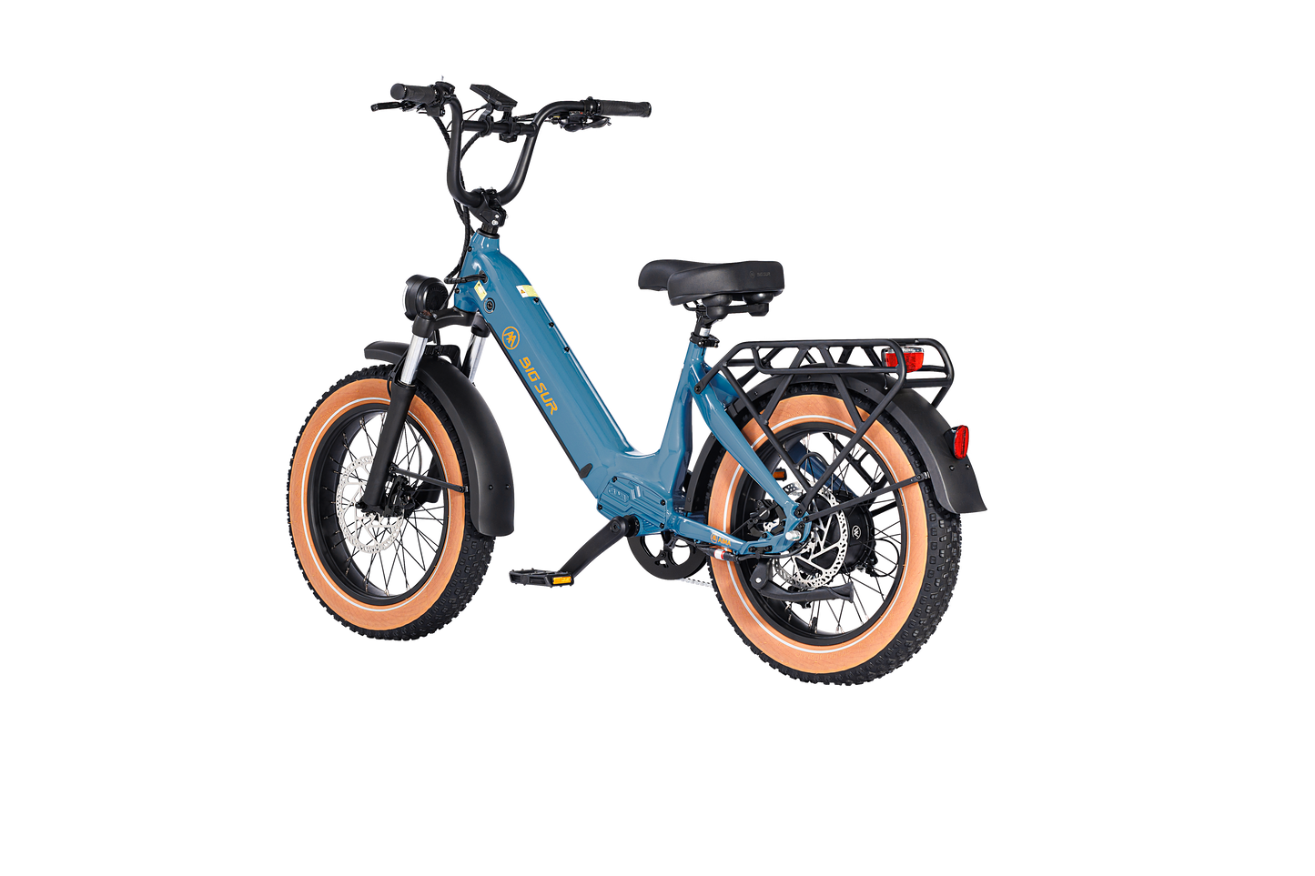 The AIMA - Big Sur Sport electric bicycle features a blue frame, tan tires, black saddle, and rear cargo rack, shown on a white background. With UL2849 certification ensuring safety and reliability, this sleek design is perfect for all your riding needs.
