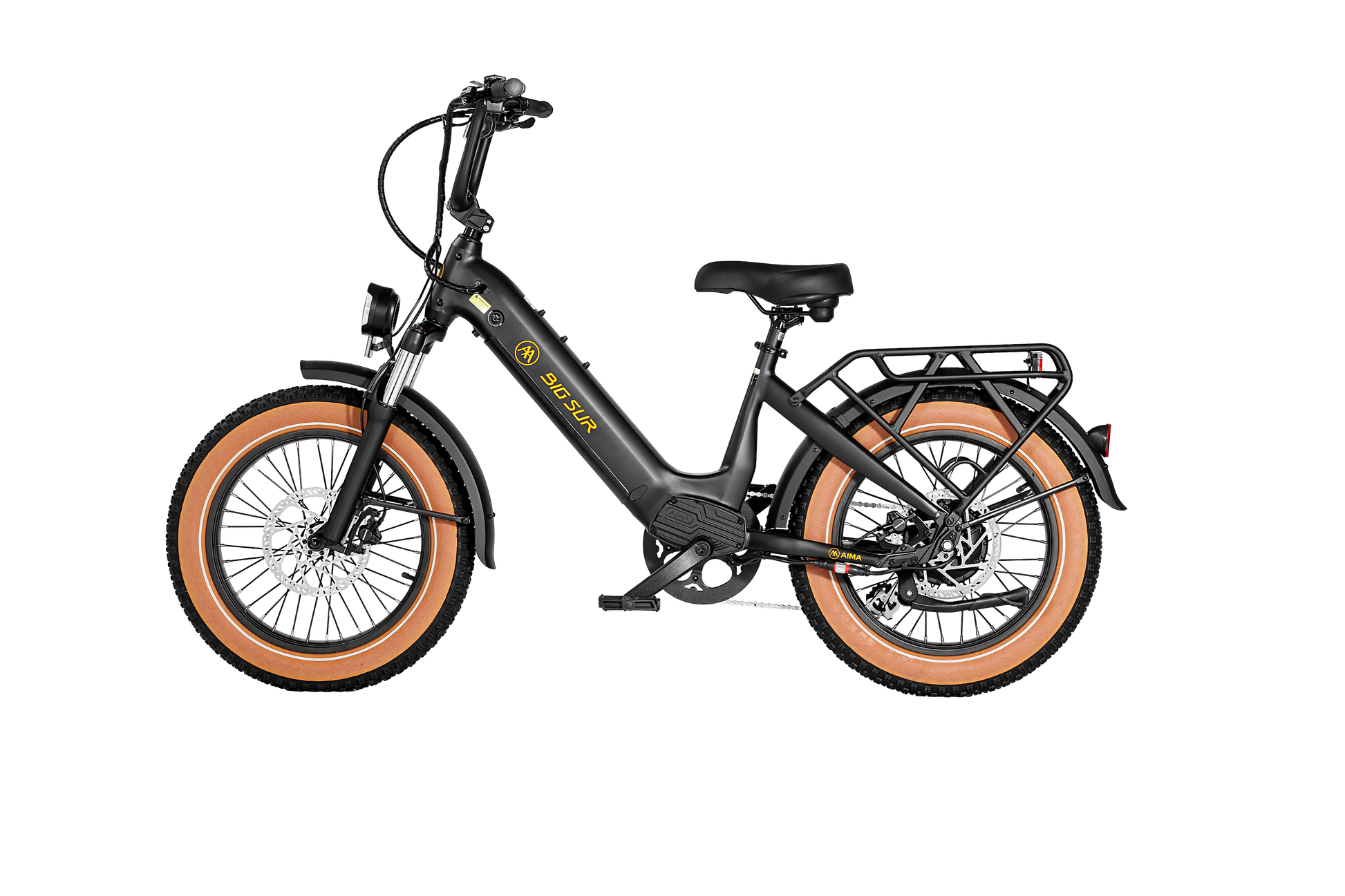 Electric bike with a black frame, orange wheel rims, fat tires, and a rear cargo rack. The brand name "AIMA" is visible on the frame, and it boasts UL2849 certification for safety. The product is called AIMA - Big Sur Sport.