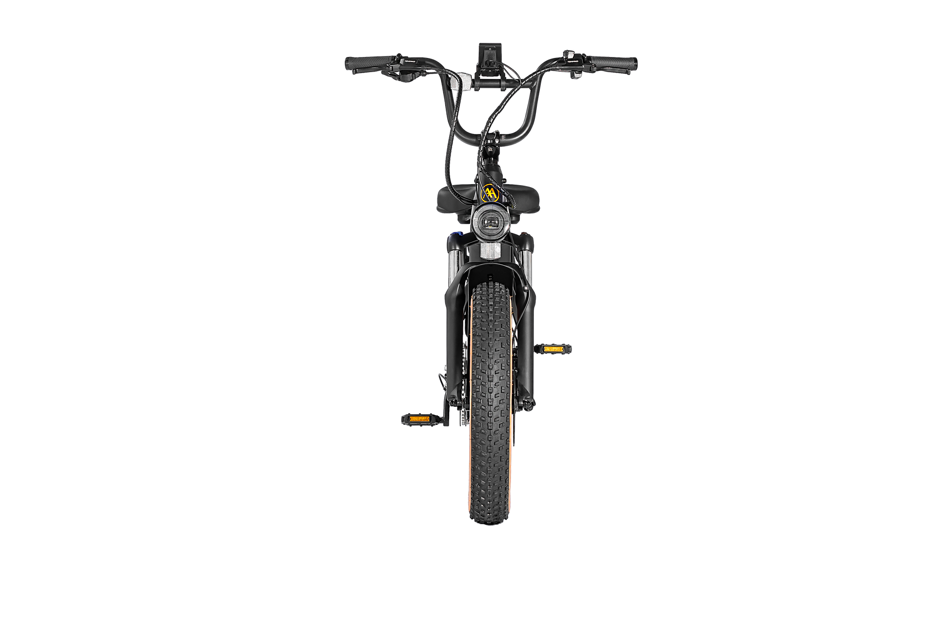 Front view of a black AIMA - Big Sur Sport electric bicycle with a central headlight, fat tires, and raised handlebars against a plain black background.