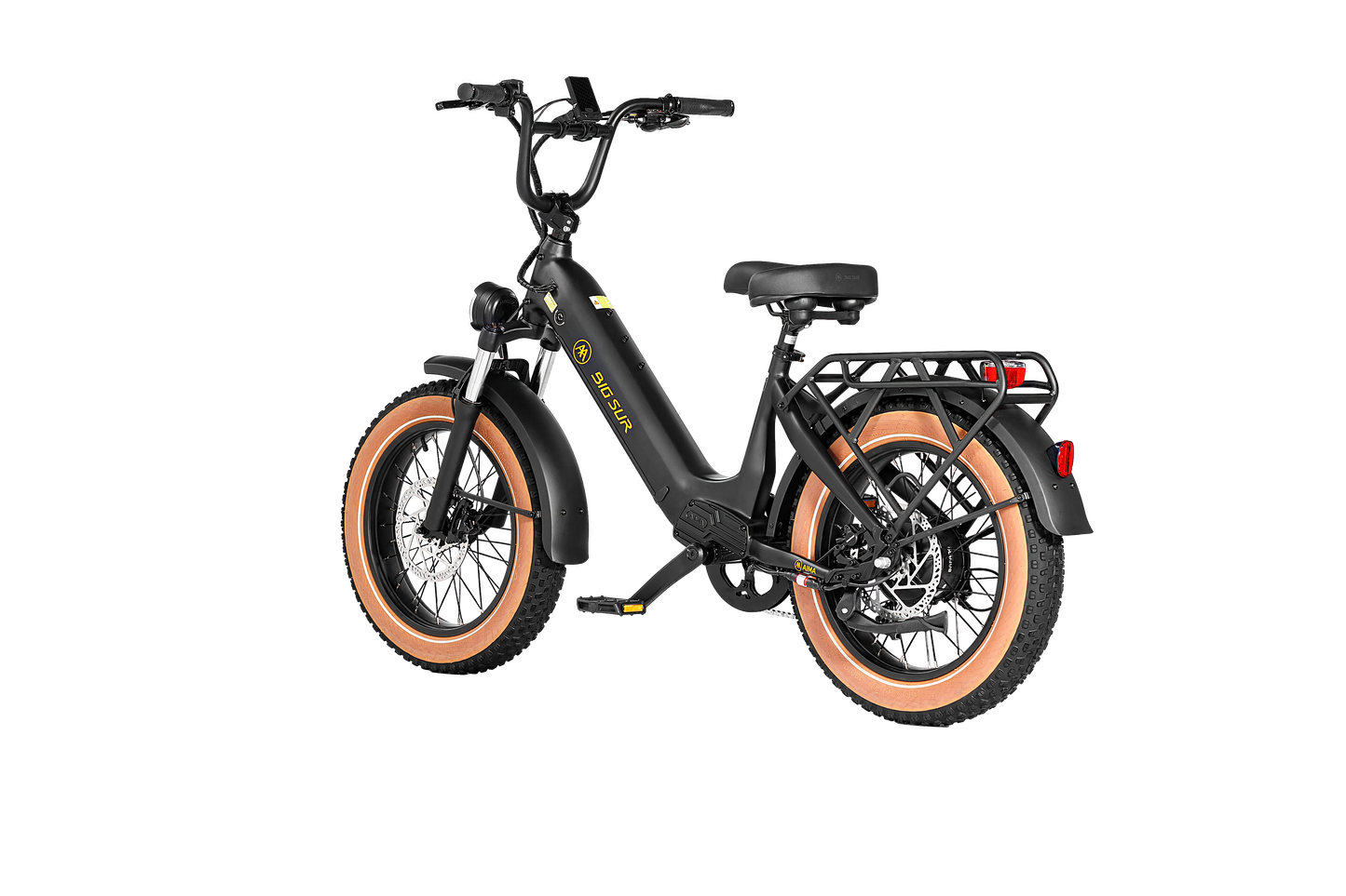 The AIMA - Big Sur Sport is a black electric bike with tan fat tires, a padded seat, rear cargo rack, and front suspension. It boasts a class 2/3 rating and is displayed on a sleek black background.