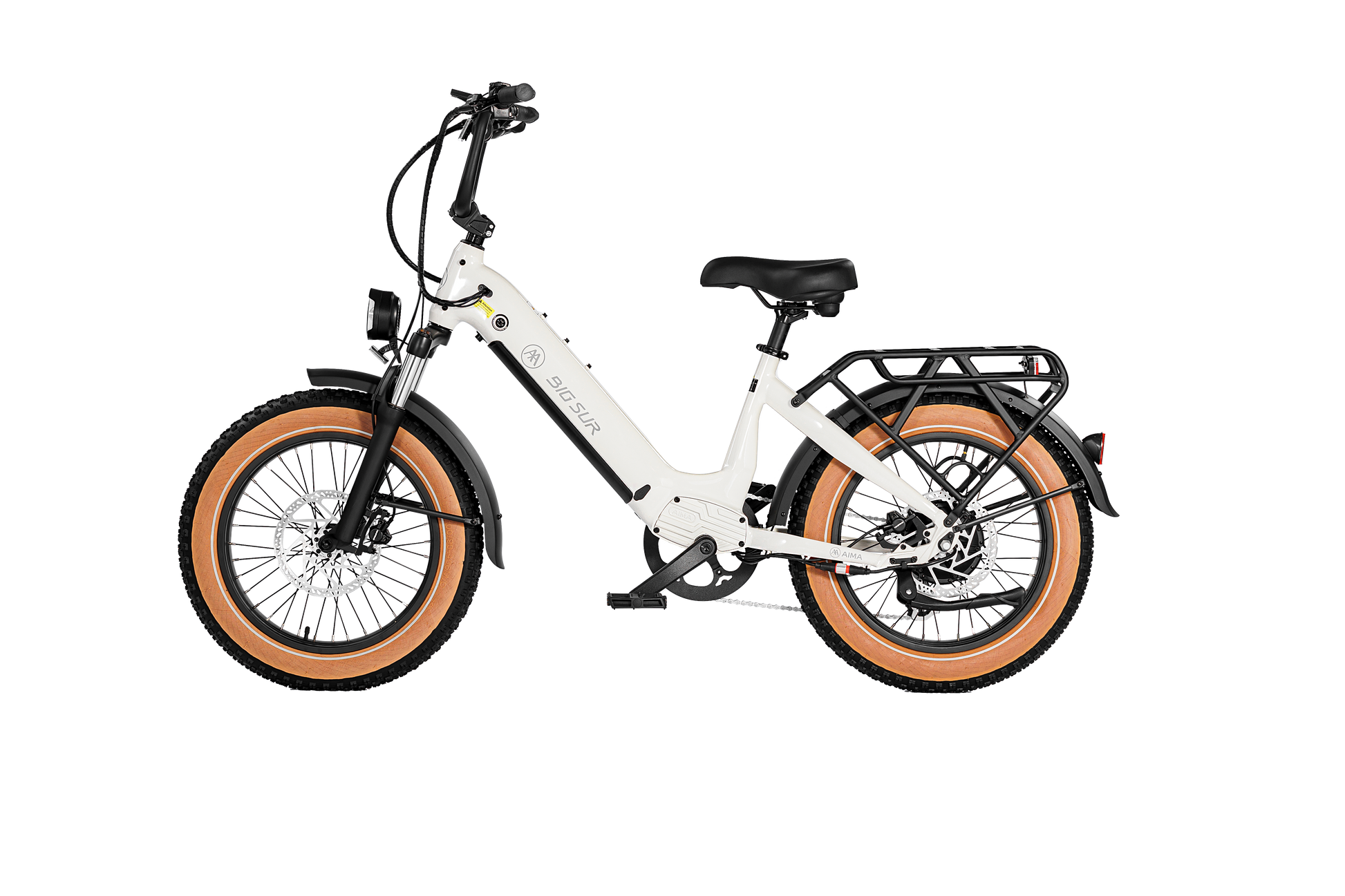 A white AIMA - Big Sur Sport e-bike with black handlebars, a padded seat, and tan tires is shown against a white background. The bike has a step-through frame, UL2849 certification, and a rear cargo rack.