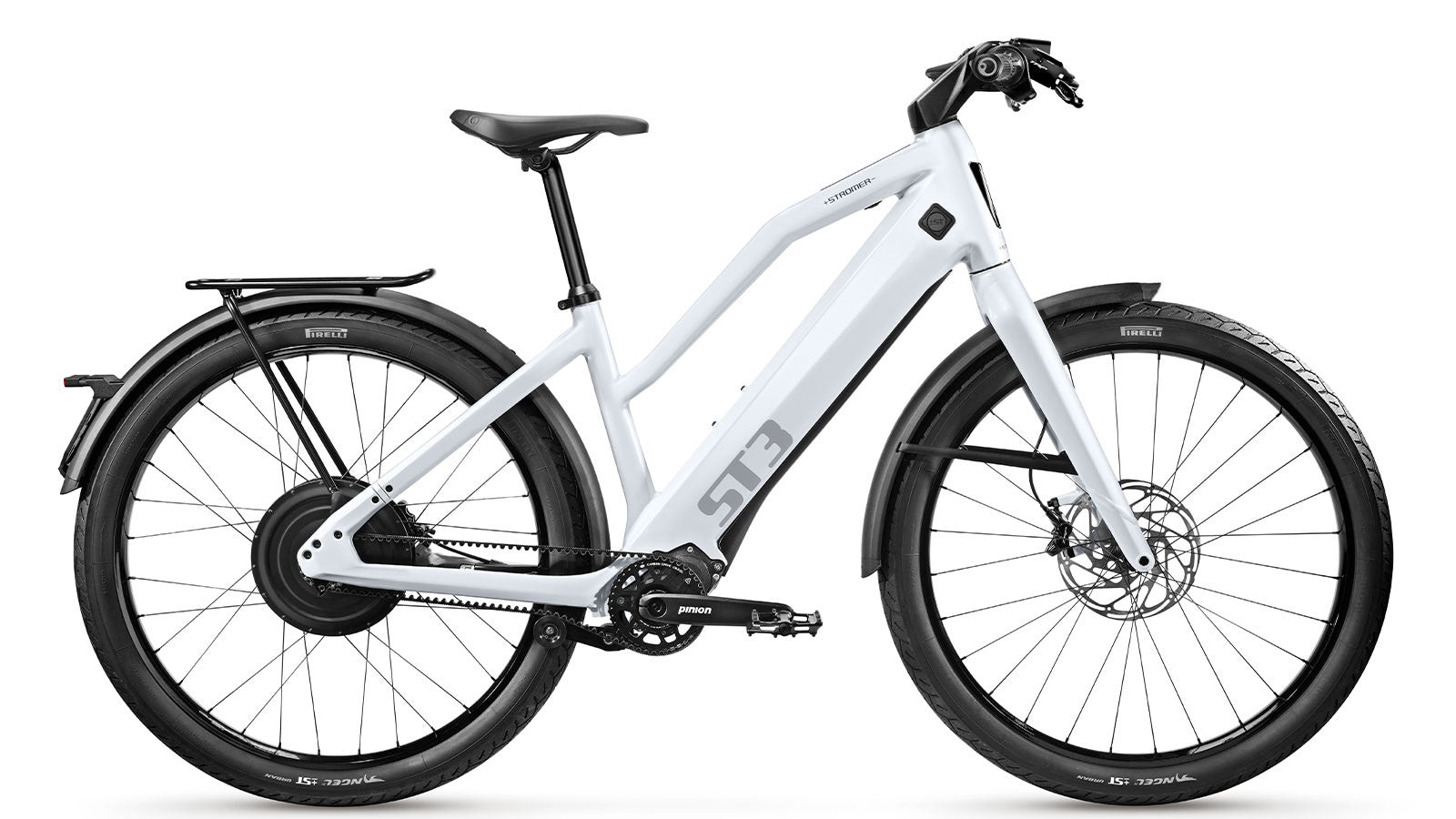 A white electric bicycle equipped with a Pinion gearbox and mudguards, showcasing a sleek frame and modern design from Stromer - ST3 Comfort.