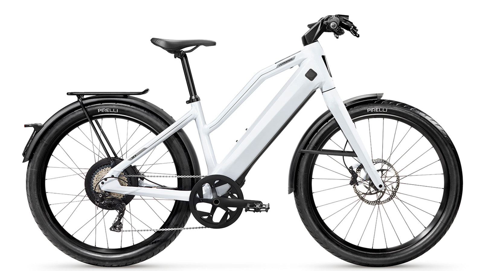 Stromer - ST3 Sport electric bicycle with a pinion gearbox and disc brakes, equipped with black tires, a rear rack, and fenders, presented against a white background.