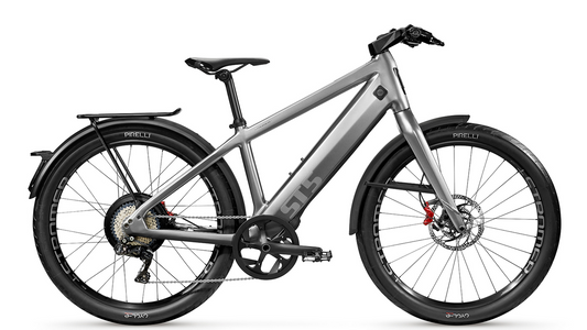 Stromer - ST5 electric bicycle with disc brakes, a sleek frame design, and an electronic shifting system.