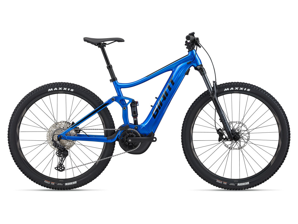 A Giant - Stance E+ 1 29ER electric mountain bike with a SyncDrive Sport motor, standing out in blue on a white background.