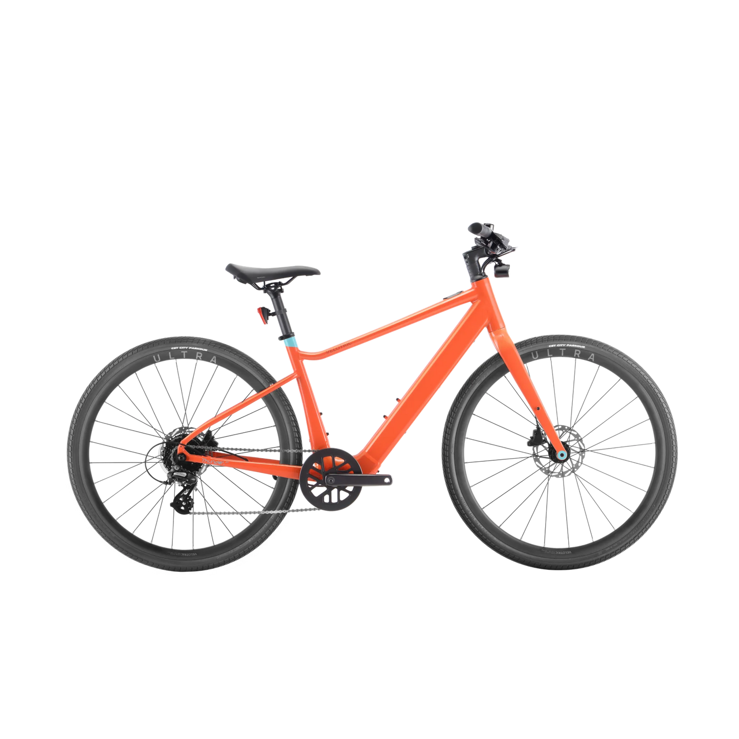 A Velotric Orange Bike on a black background.