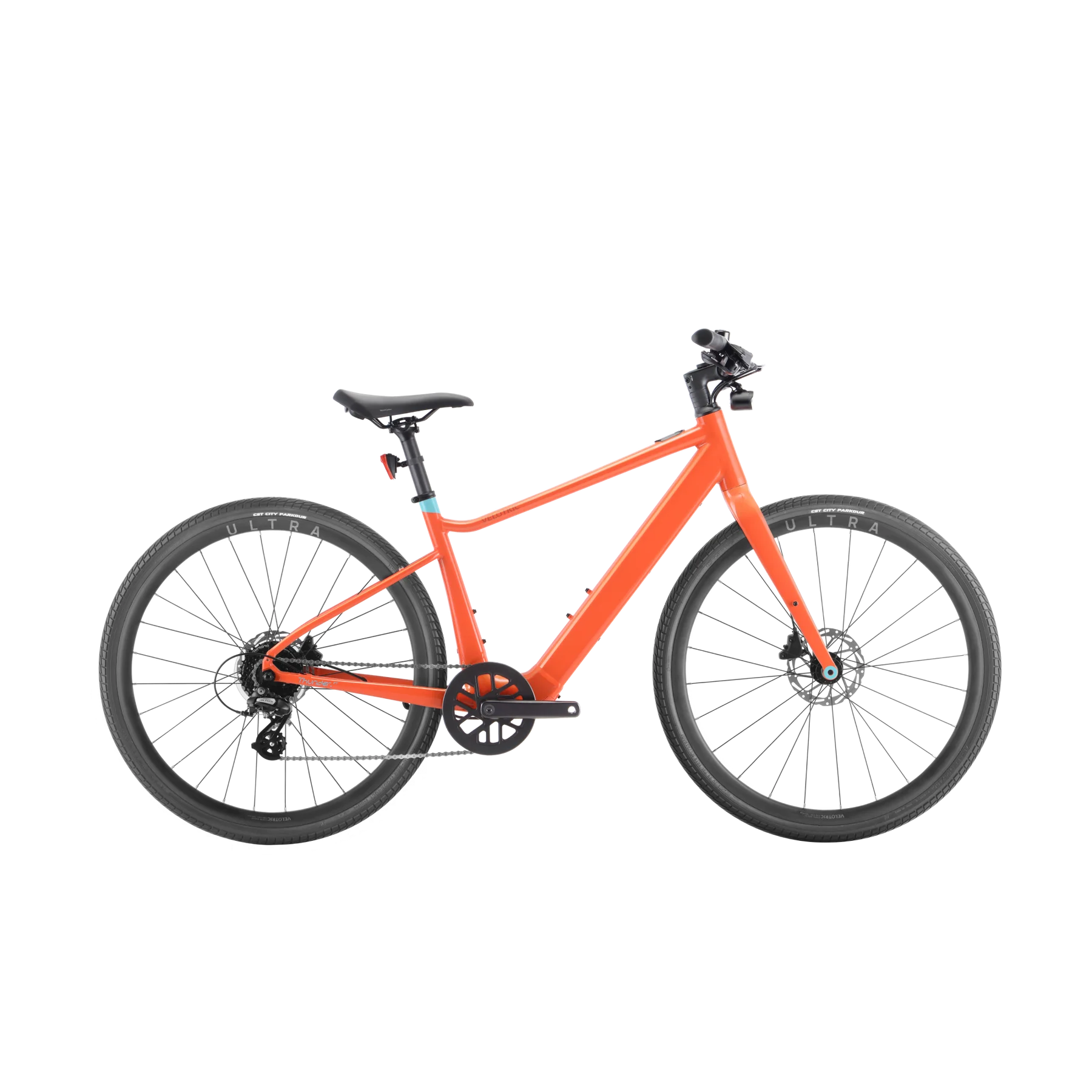 A Velotric Orange Bike on a black background.