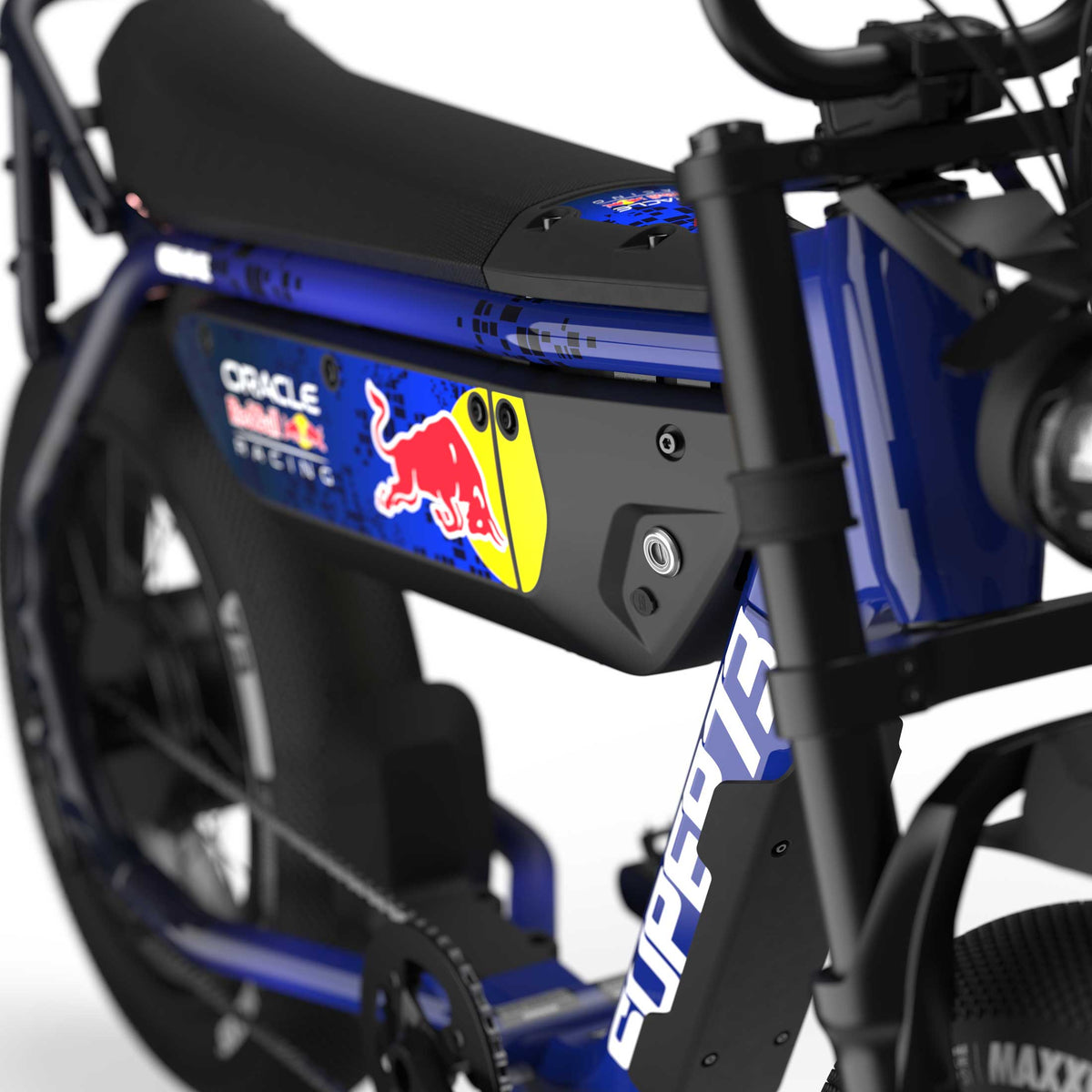 Close up of the SUPER73 branding on the Oracle Red Bull Racing M1D SE ebike in Nightfall Blue.