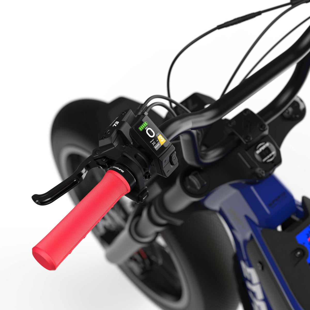 Close up of the digital display and red grips on the Oracle Red Bull Racing M1D SE ebike in Nightfall Blue.