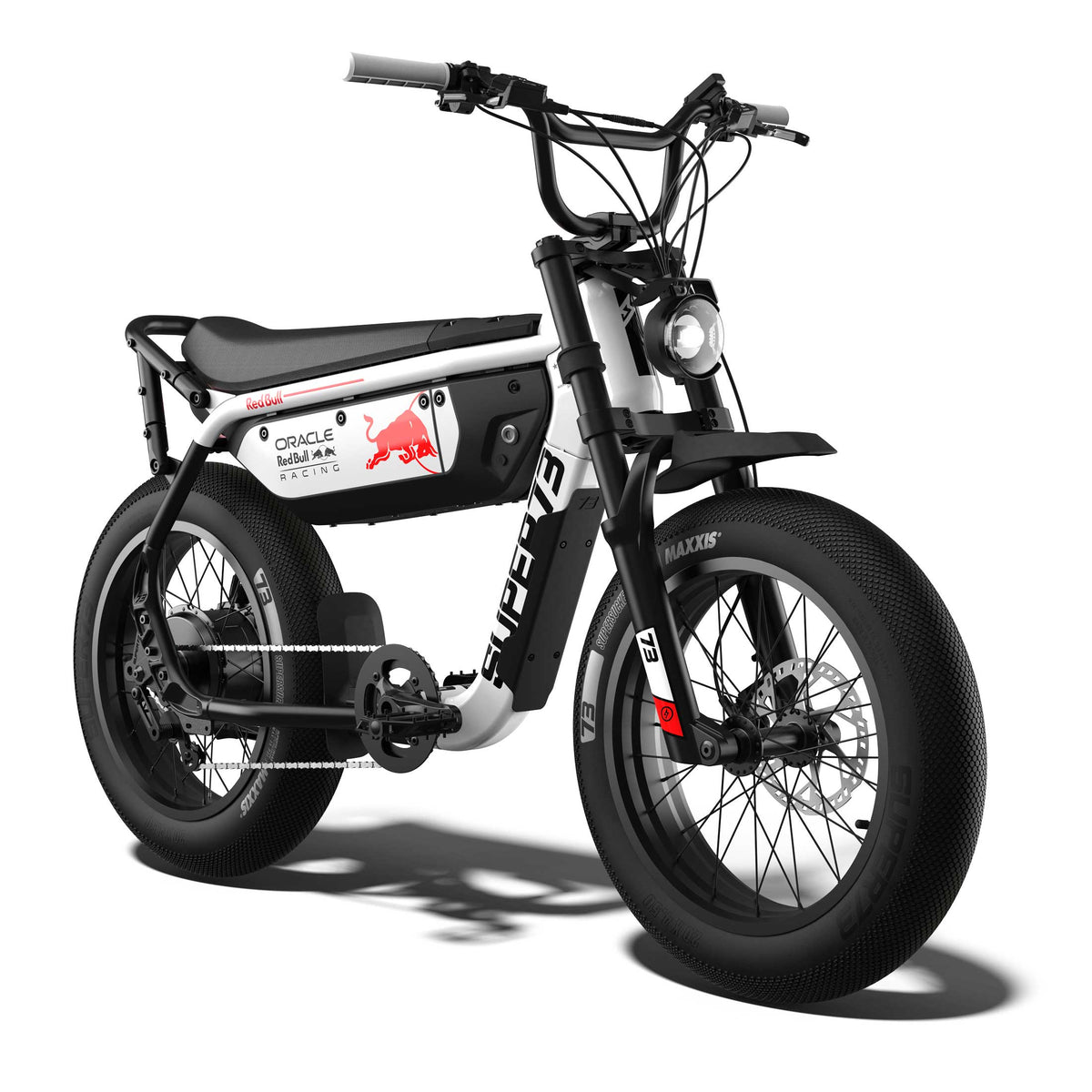 Front view of the SUPER73 x Oracle Red Bull Racing M1D SE ebike in Suzuka White.