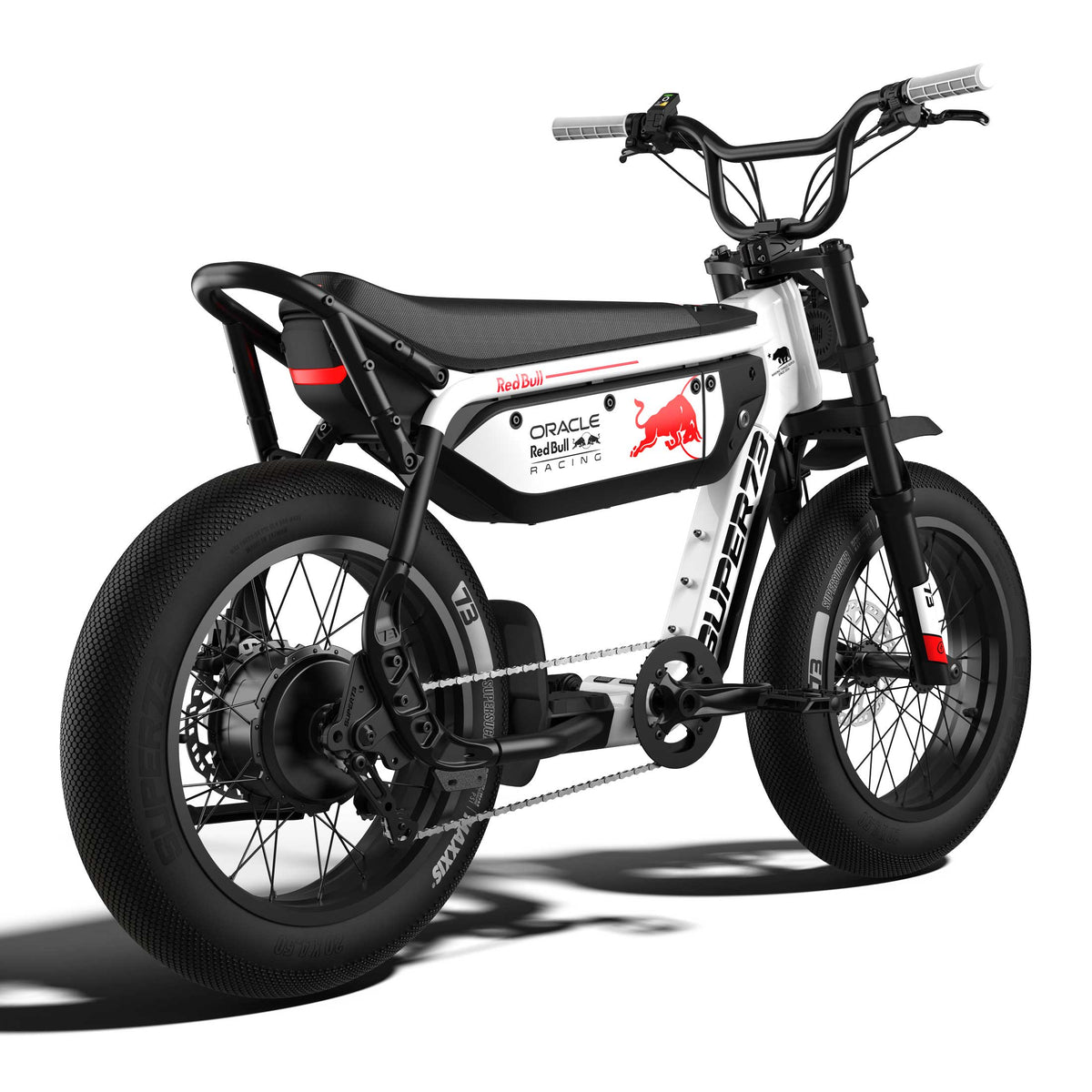 Rear view of the SUPER73 x Oracle Red Bull Racing M1D SE ebike in Suzuka White.