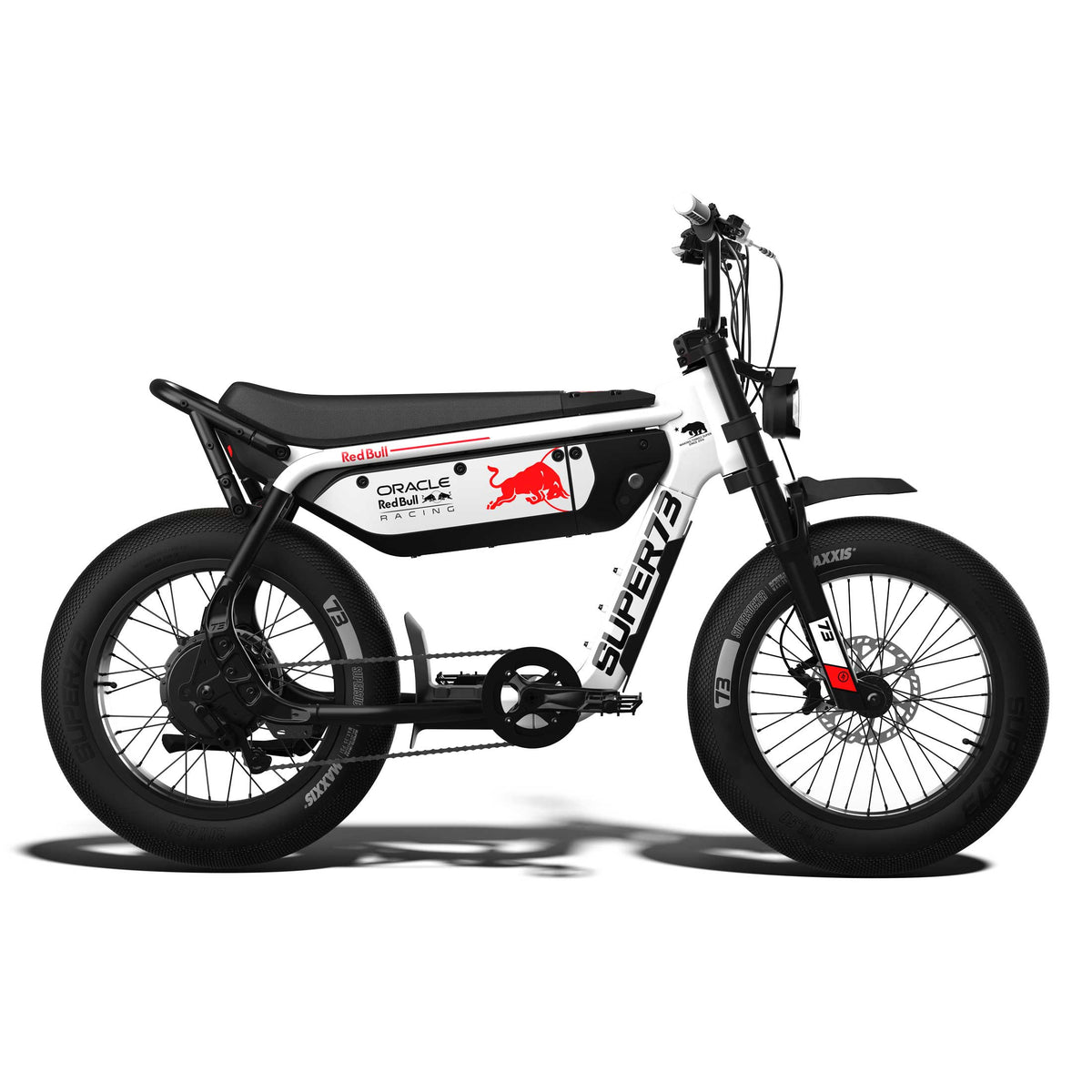 Side view of the SUPER73 x Oracle Red Bull Racing M1D SE ebike in Suzuka White.