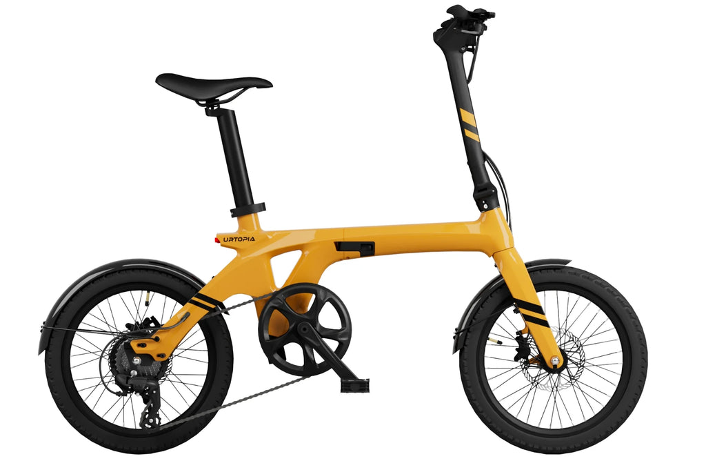 The Urtopia Carbon Fold 1 is a yellow foldable bike featuring a sleek carbon fiber frame design, black handlebars, and all-terrain tires. Displayed in a side view, it showcases its compact and modern structure.