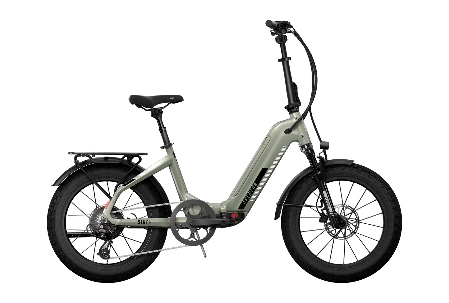 The Aventon Sinch 2.5 electric bicycle, featuring a step-through frame, black tires, rear cargo rack, and powerful motor, offers an extended range for your adventures in green.