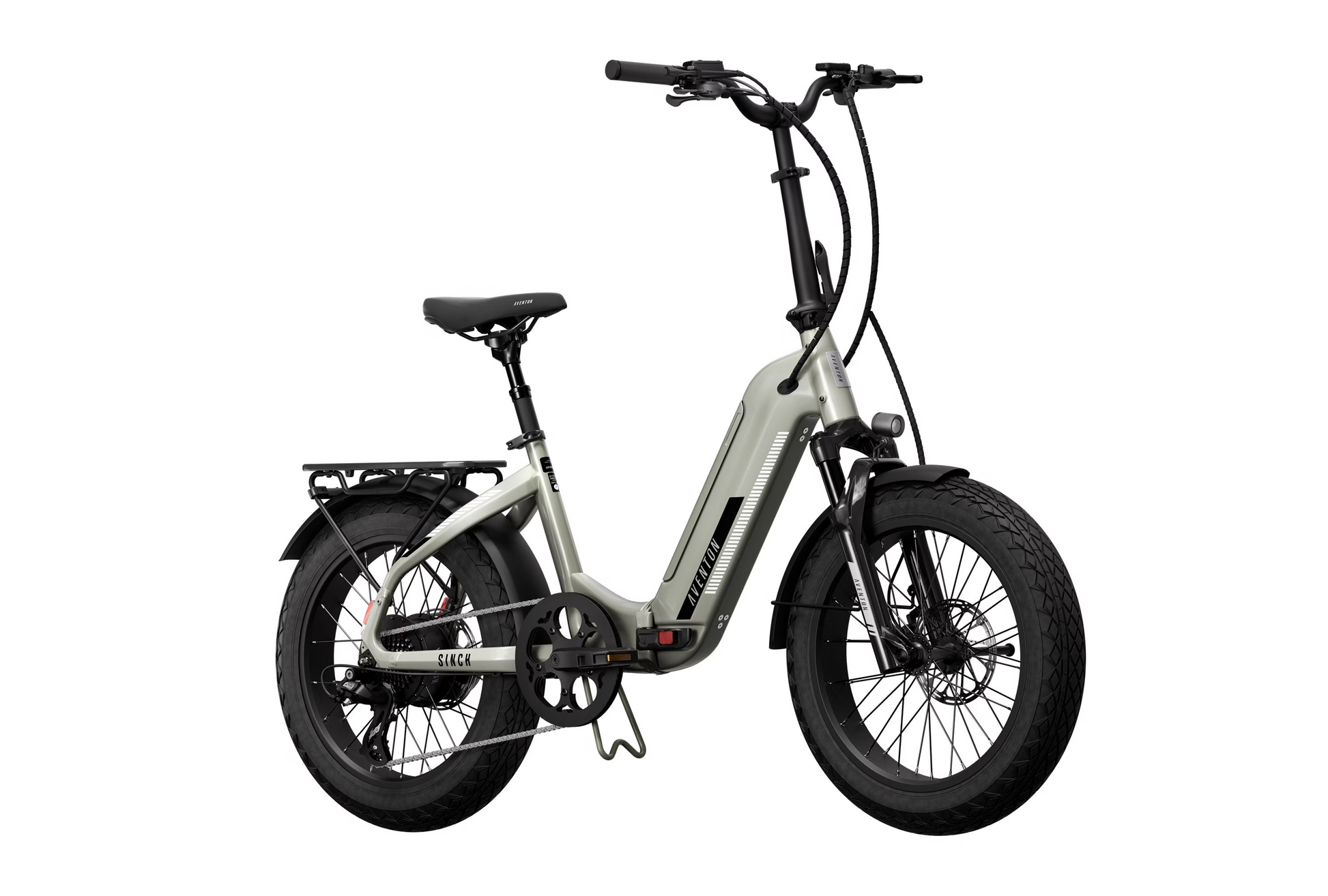 The Aventon Sinch 2.5 electric bike features a powerful motor, step-through frame, front and rear disc brakes, wide tires, and a rear cargo rack, displayed on a white background.