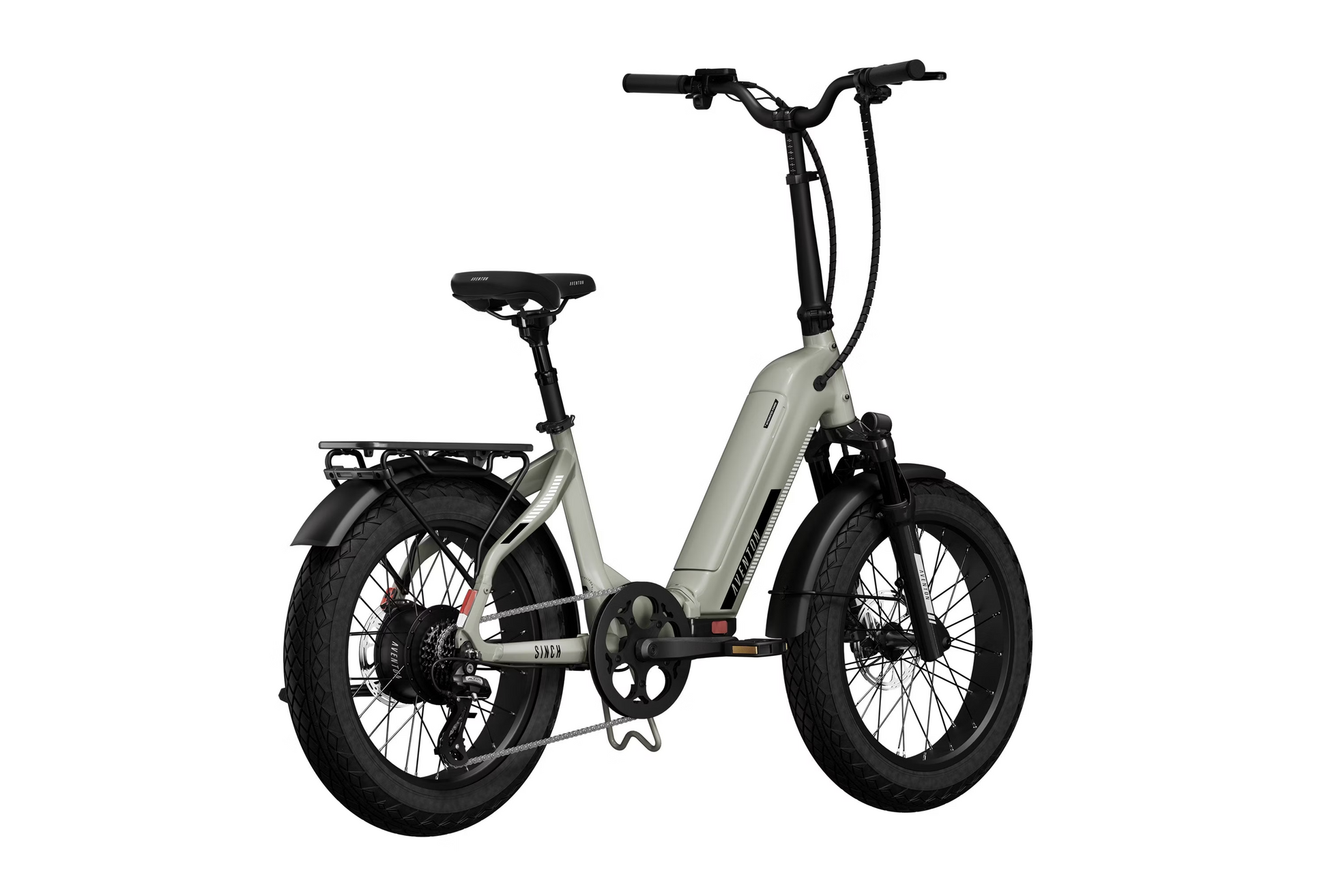 The Aventon Sinch 2.5 is a folding e-bike with a gray frame, black seat, and black wheels. It boasts a powerful motor and rear rack, complemented by large tires for extended range.